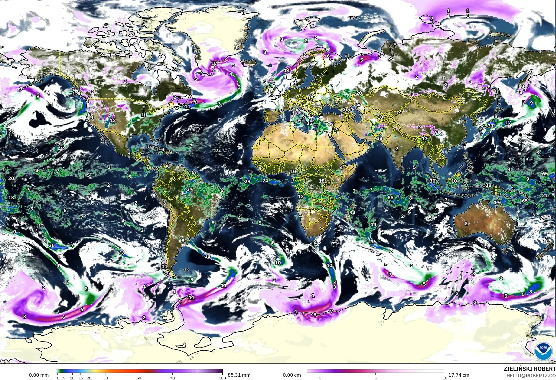 GFS modelo - Mundo, Precipitación, nubes y presión