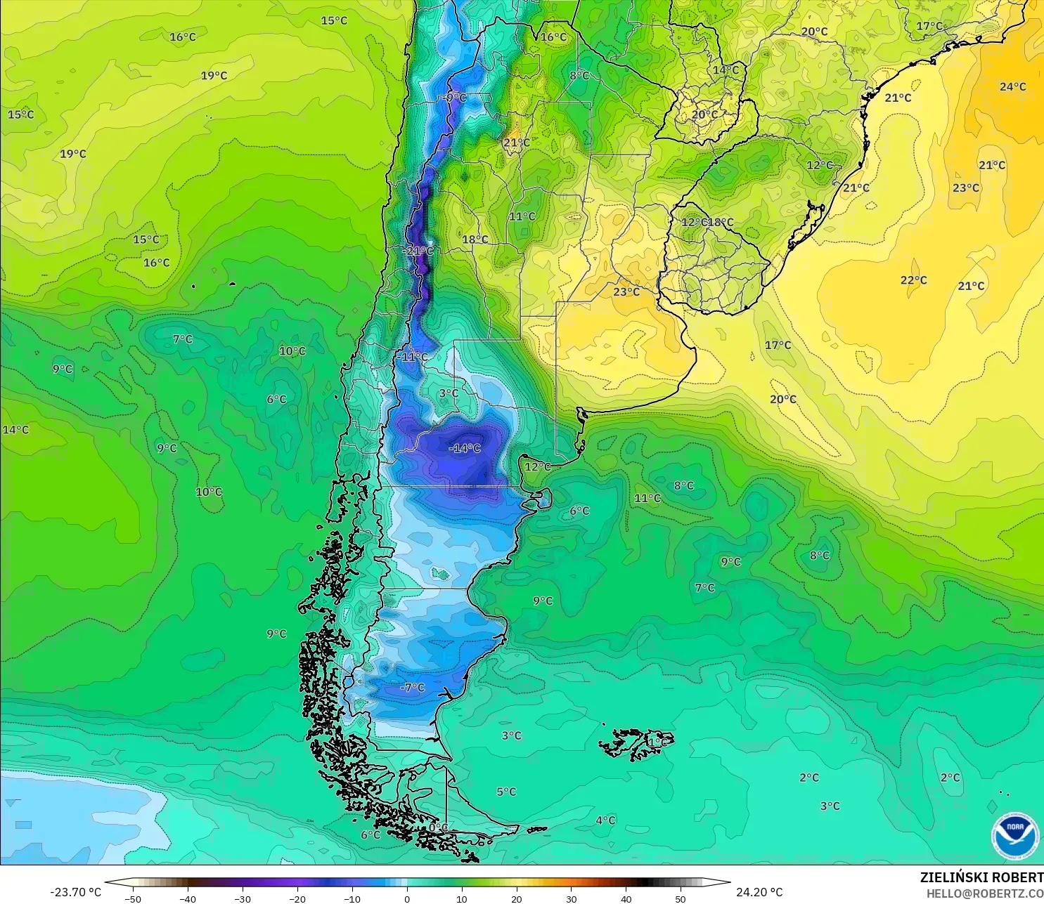 GFS modelo - Argentina, Punto de rocío a 2 m