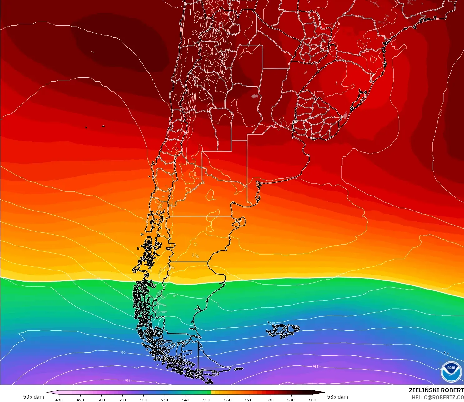 GFS modelo - Argentina, Altura geopotencial a 500 hPa
