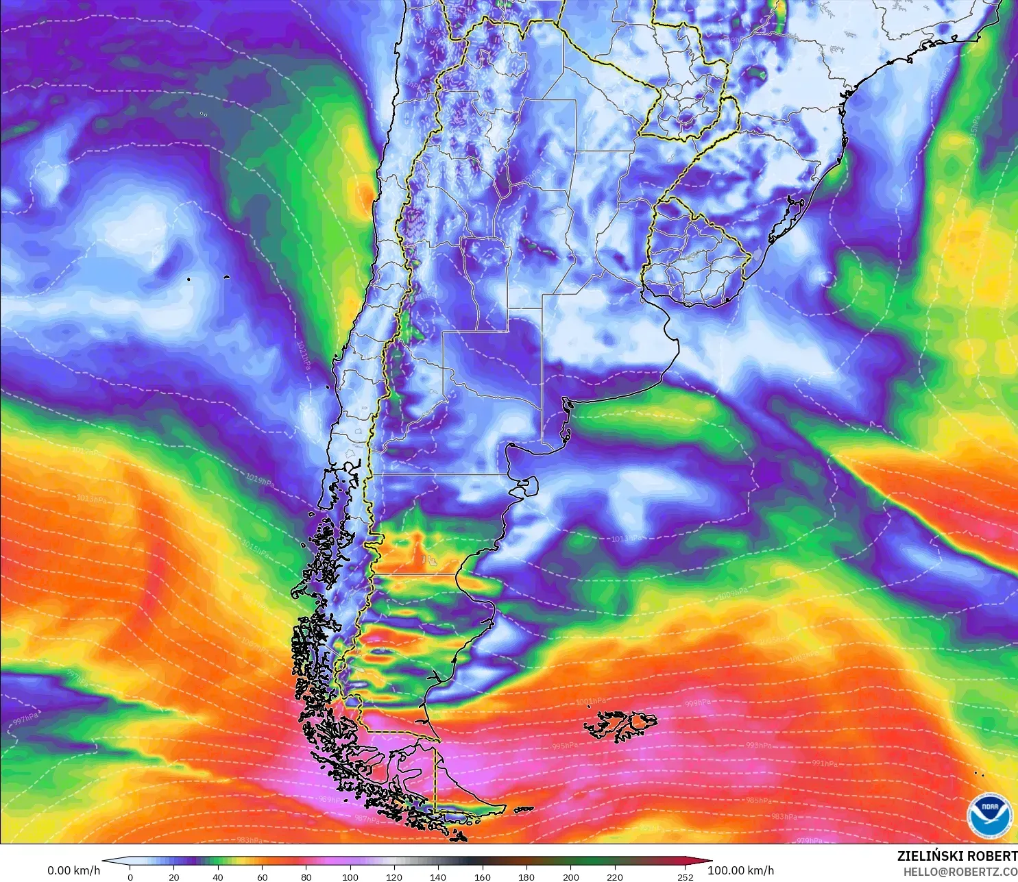 GFS modelo - Argentina, Ráfagas de Viento Máximas