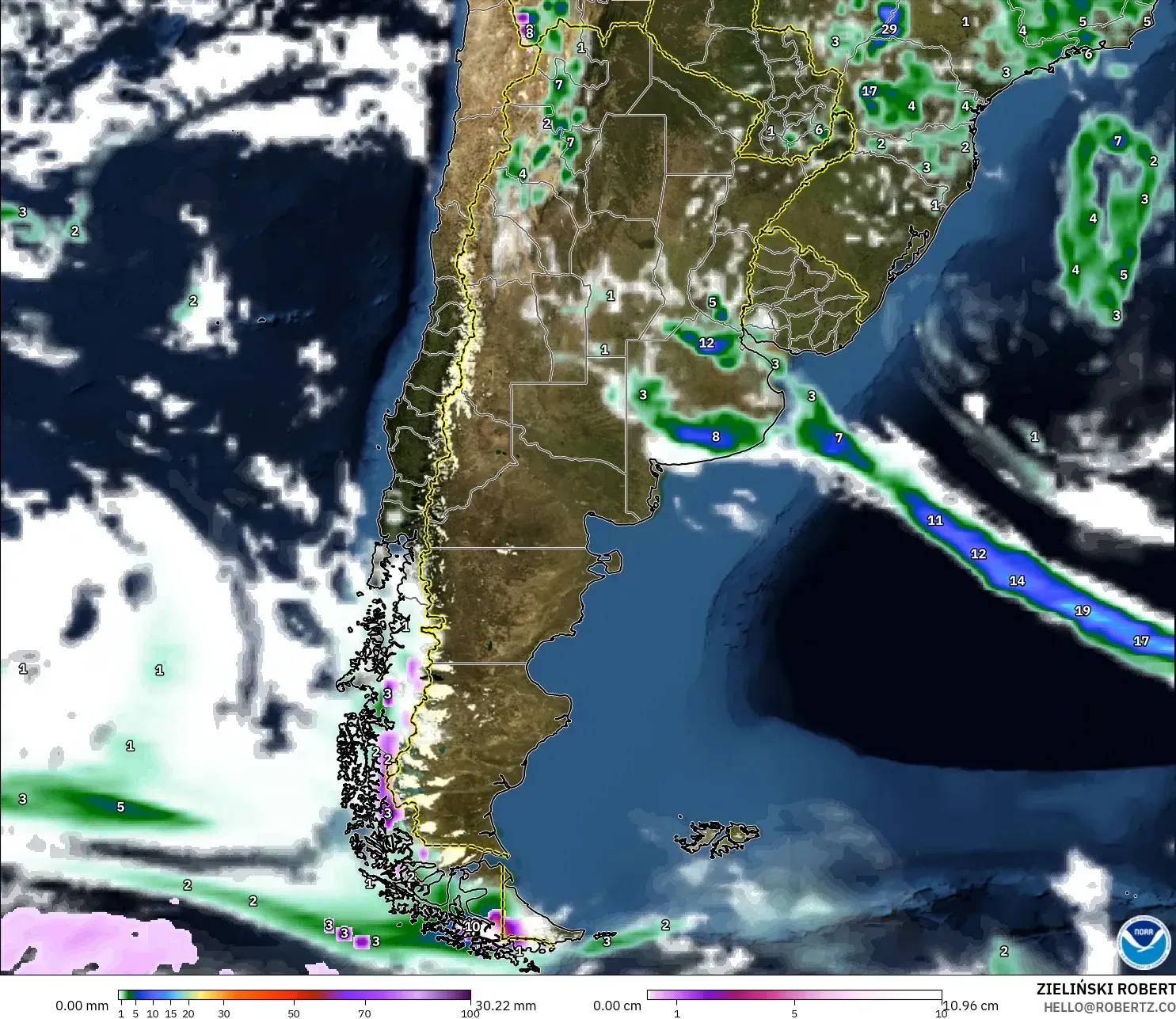 GFS modelo - Argentina, Precipitación, nubes y presión