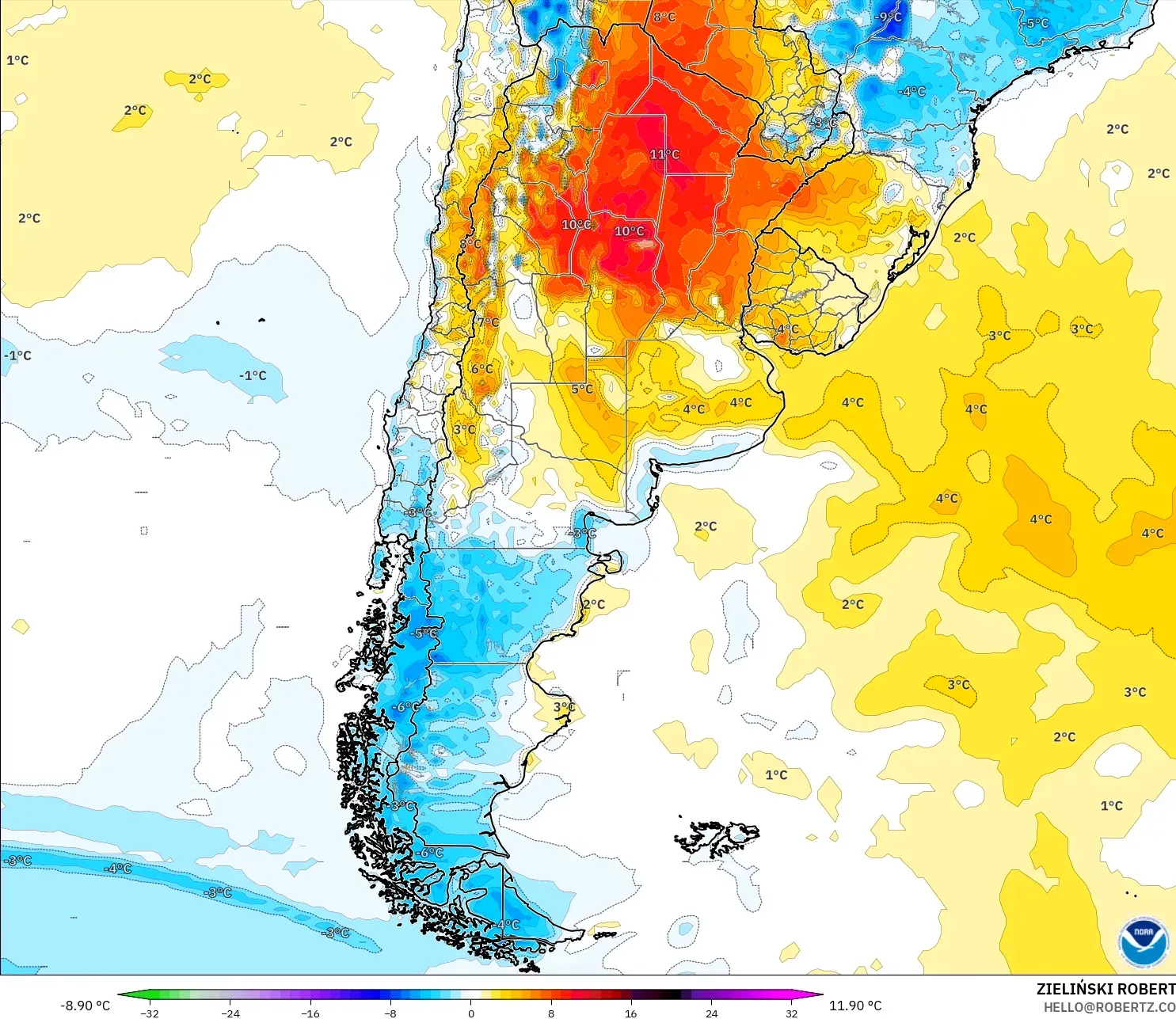 GFS modelo - Argentina, Anomalía de temperatura a 2 m