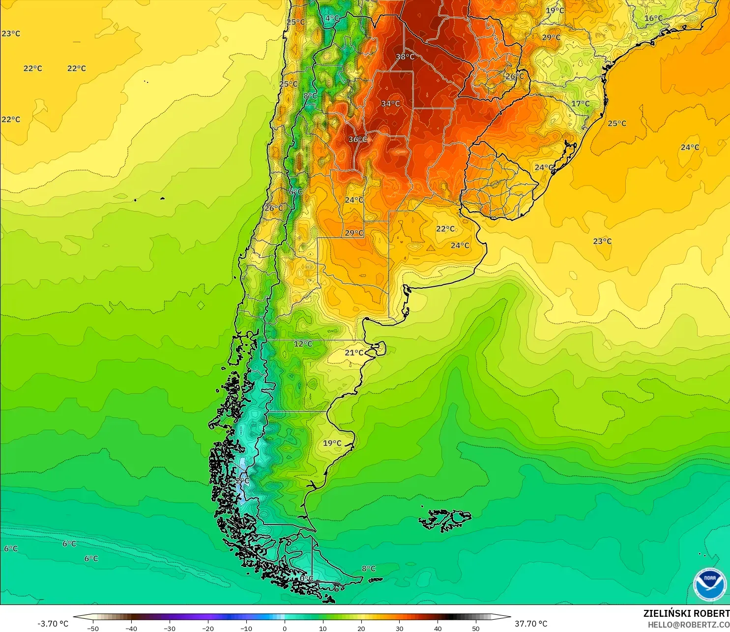 GFS modelo - Argentina, Temperatura a 2 m