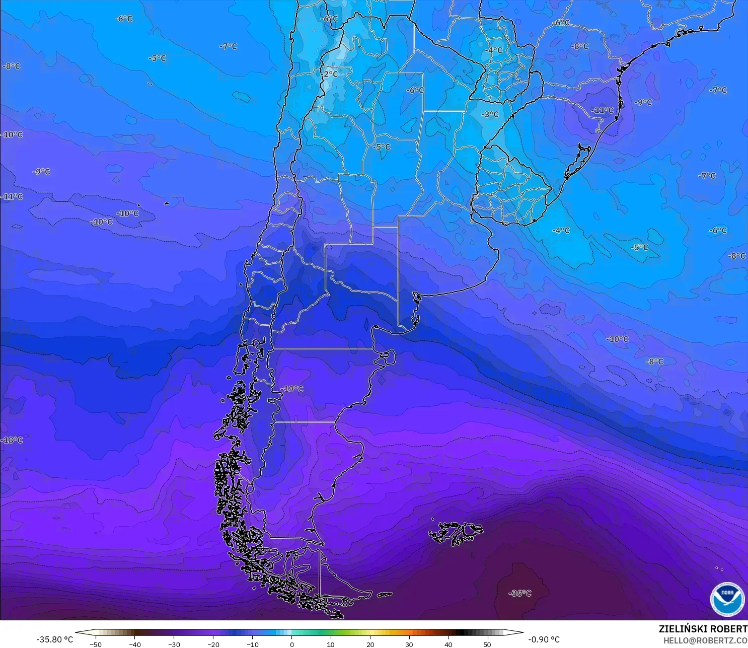GFS modelo - Argentina, Temperatura a 500 hPa