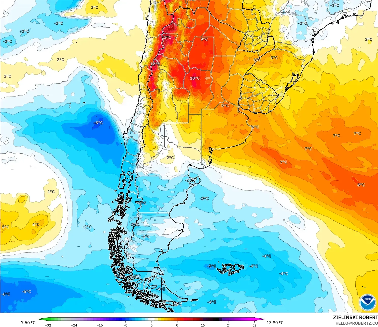 GFS modelo - Argentina, Anomalía de temperatura a 850 hPa