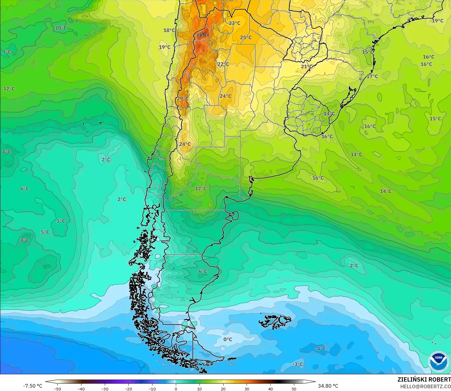 GFS modelo - Argentina, Temperatura a 850 hPa