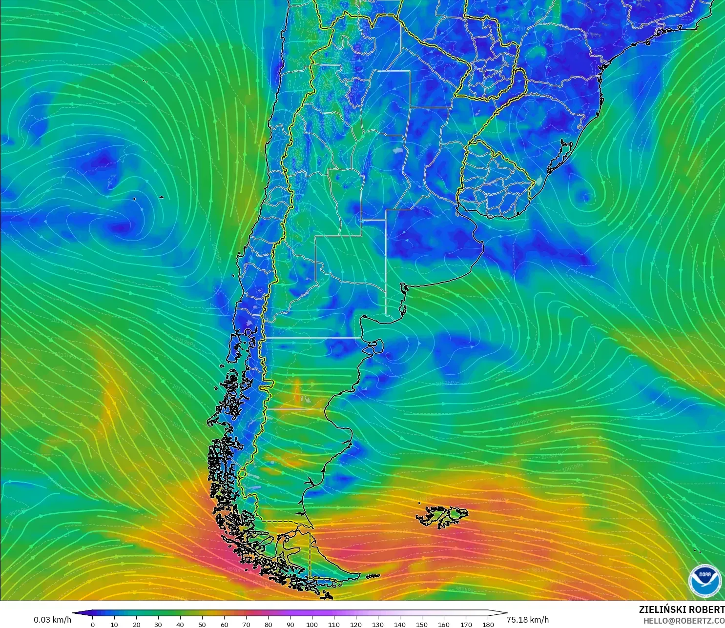 GFS modelo - Argentina, Viento a 10 m