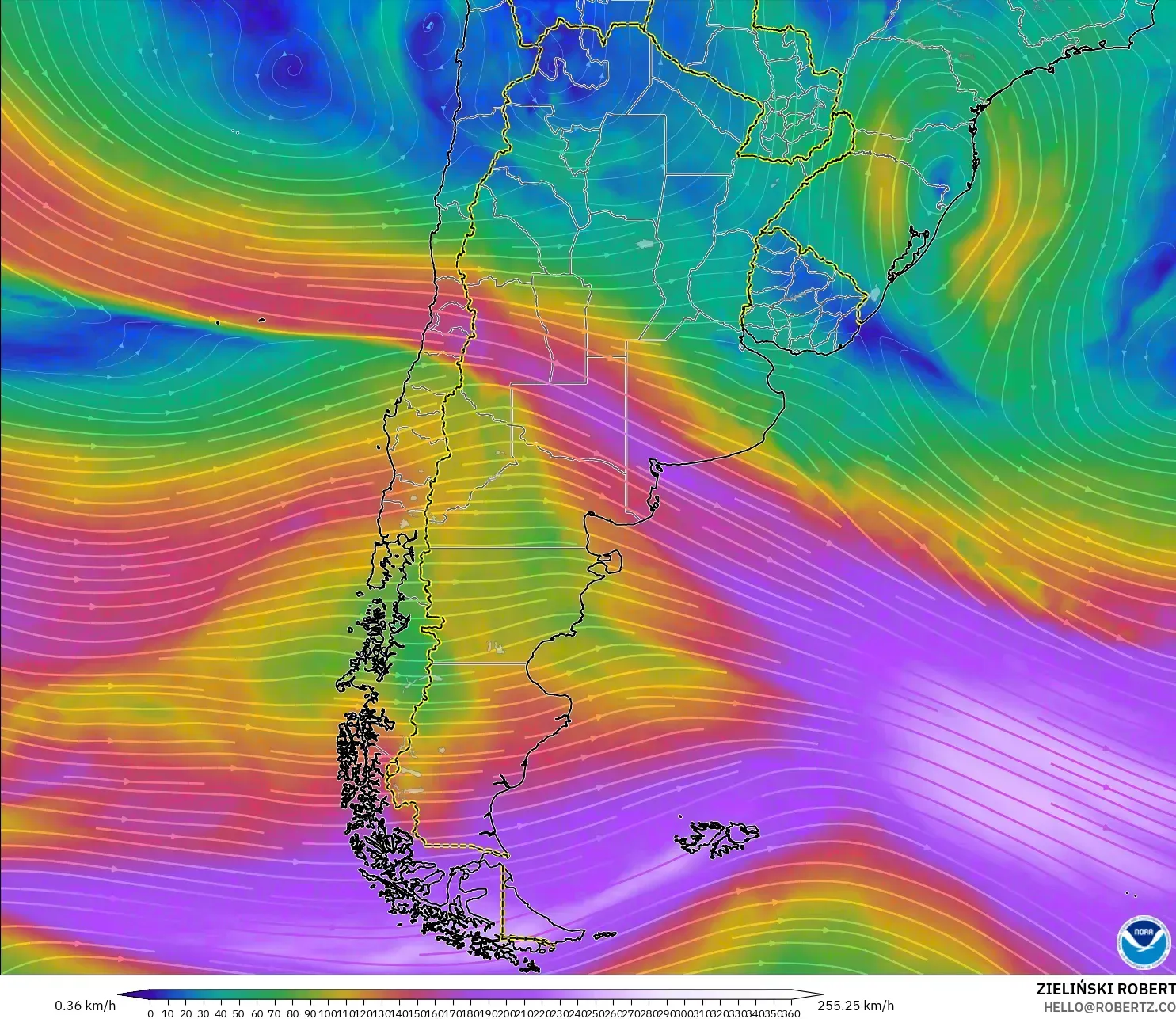 GFS modelo - Argentina, Viento a 300 hPa (corriente en chorro)