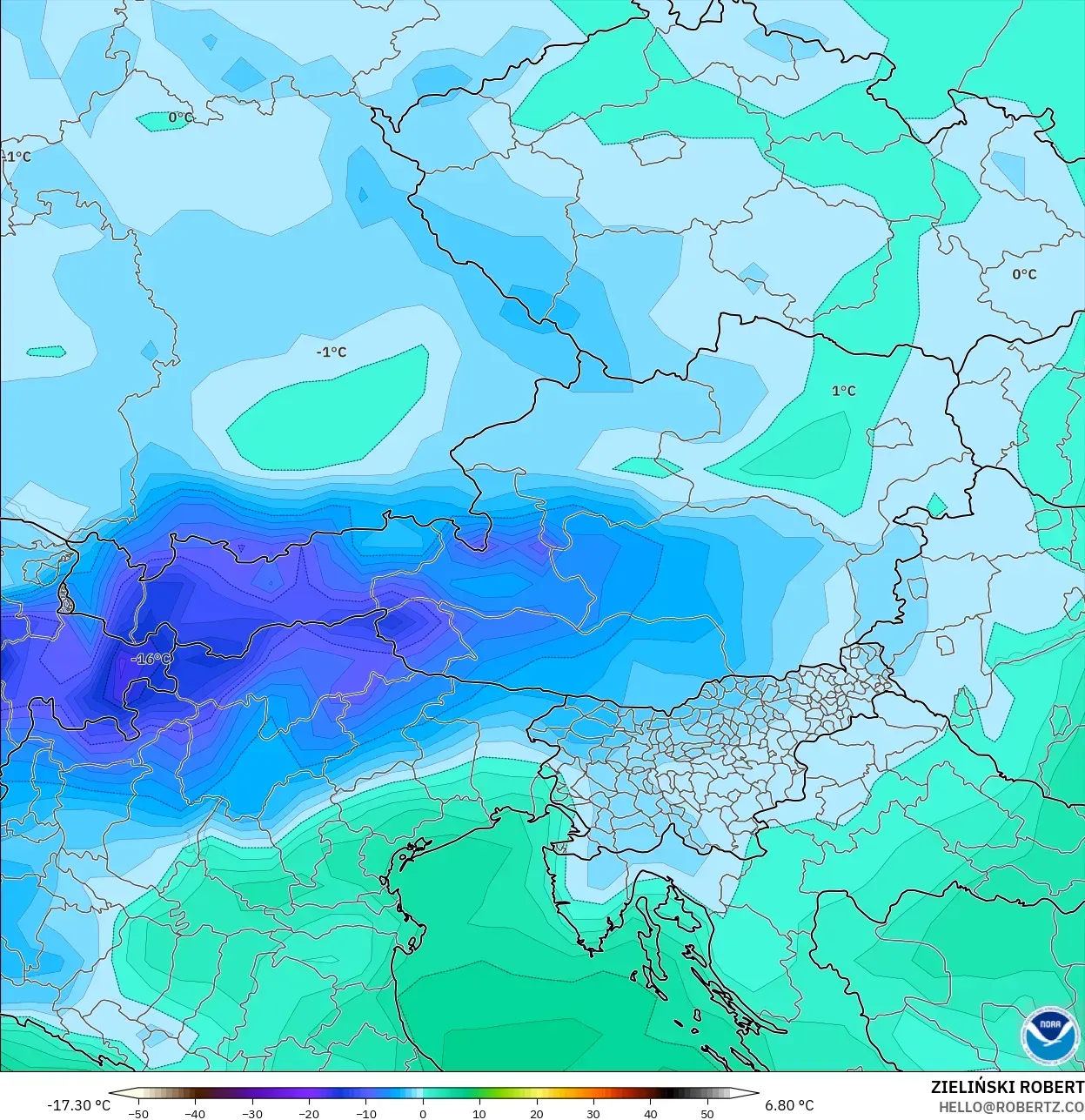 GFS modelo - Austria, Punto de rocío a 2 m
