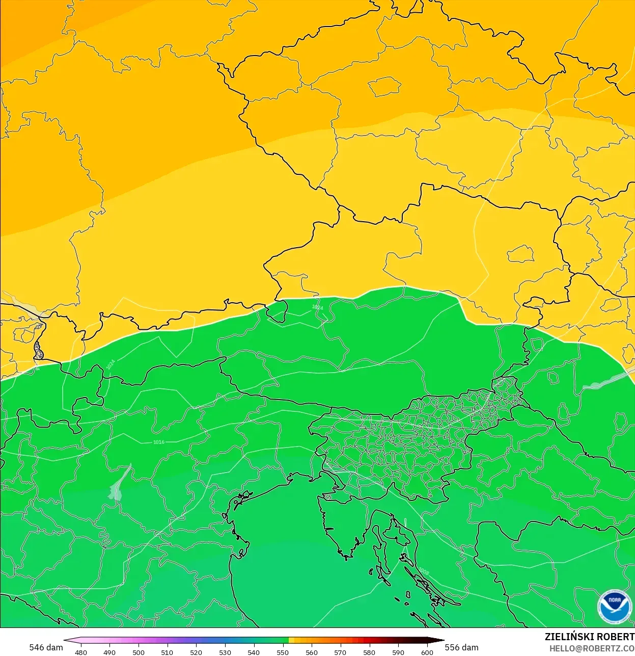 GFS modelo - Austria, Altura geopotencial a 500 hPa