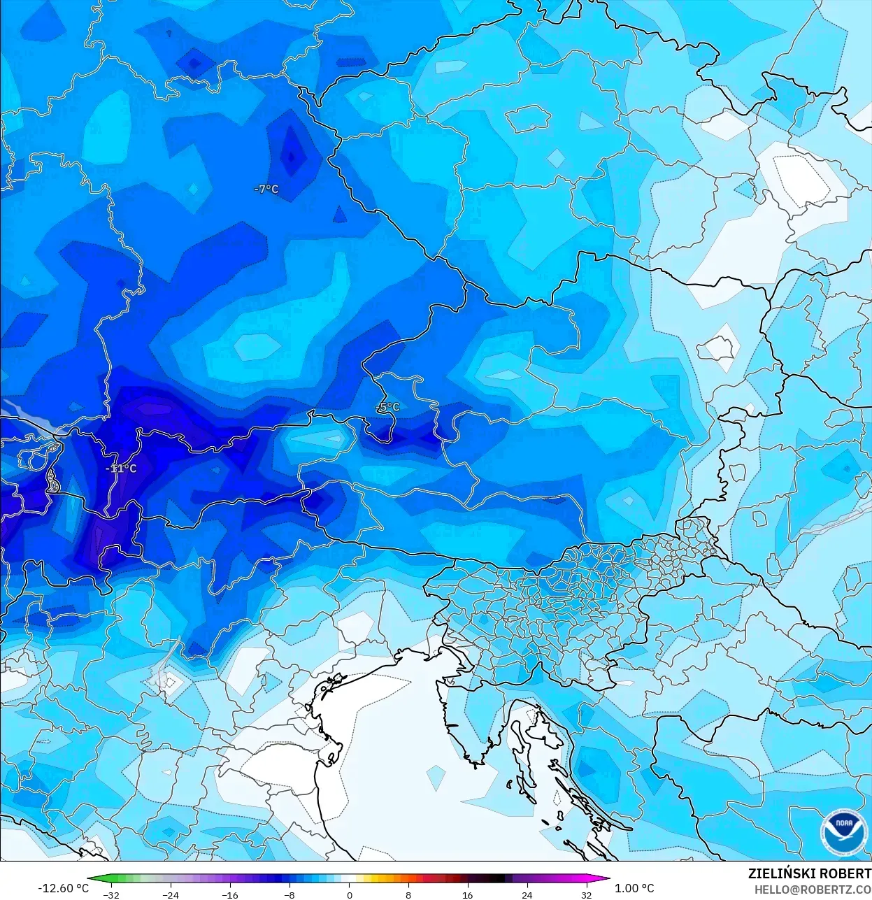 GFS modelo - Austria, Anomalía de temperatura a 2 m
