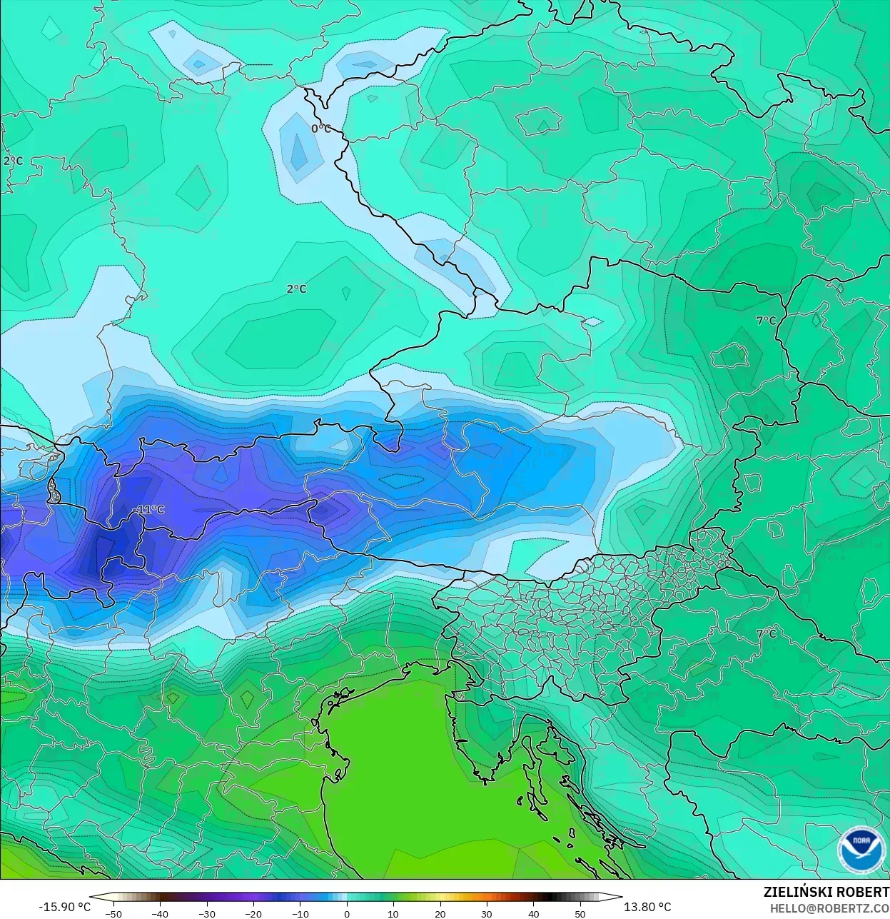 GFS modelo - Austria, Temperatura a 2 m