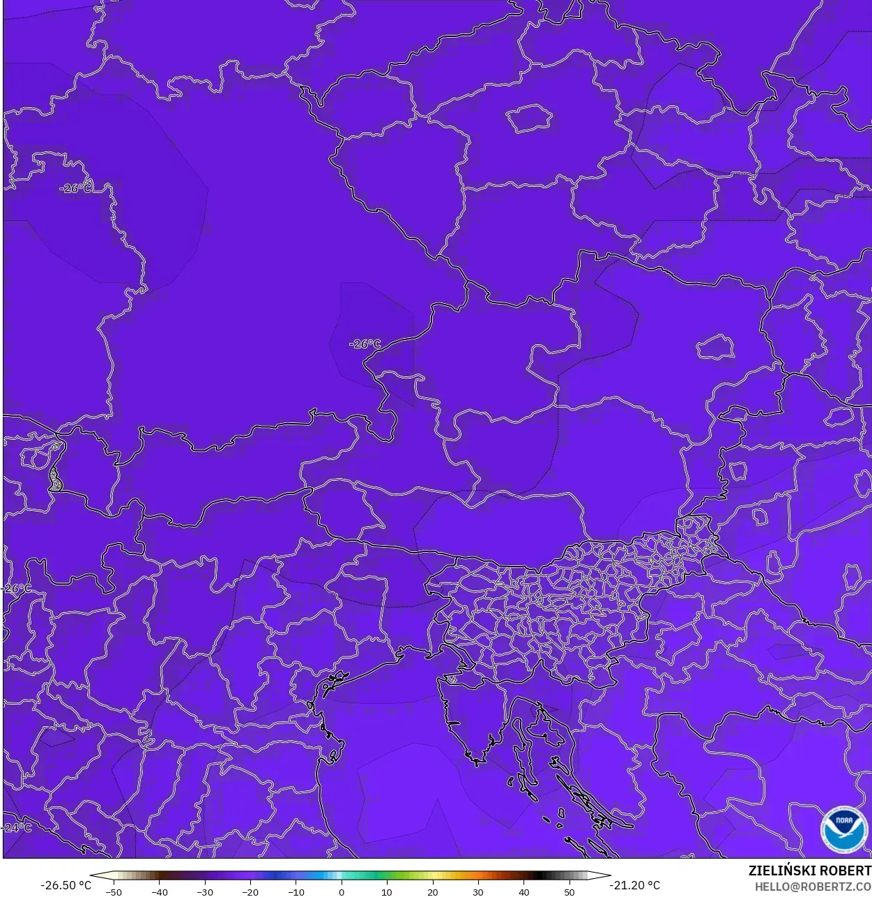 GFS modelo - Austria, Temperatura a 500 hPa