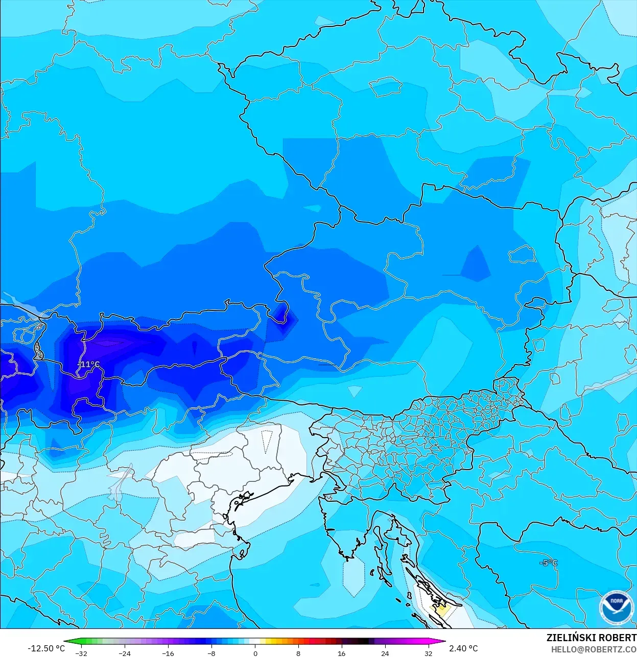 GFS modelo - Austria, Anomalía de temperatura a 850 hPa
