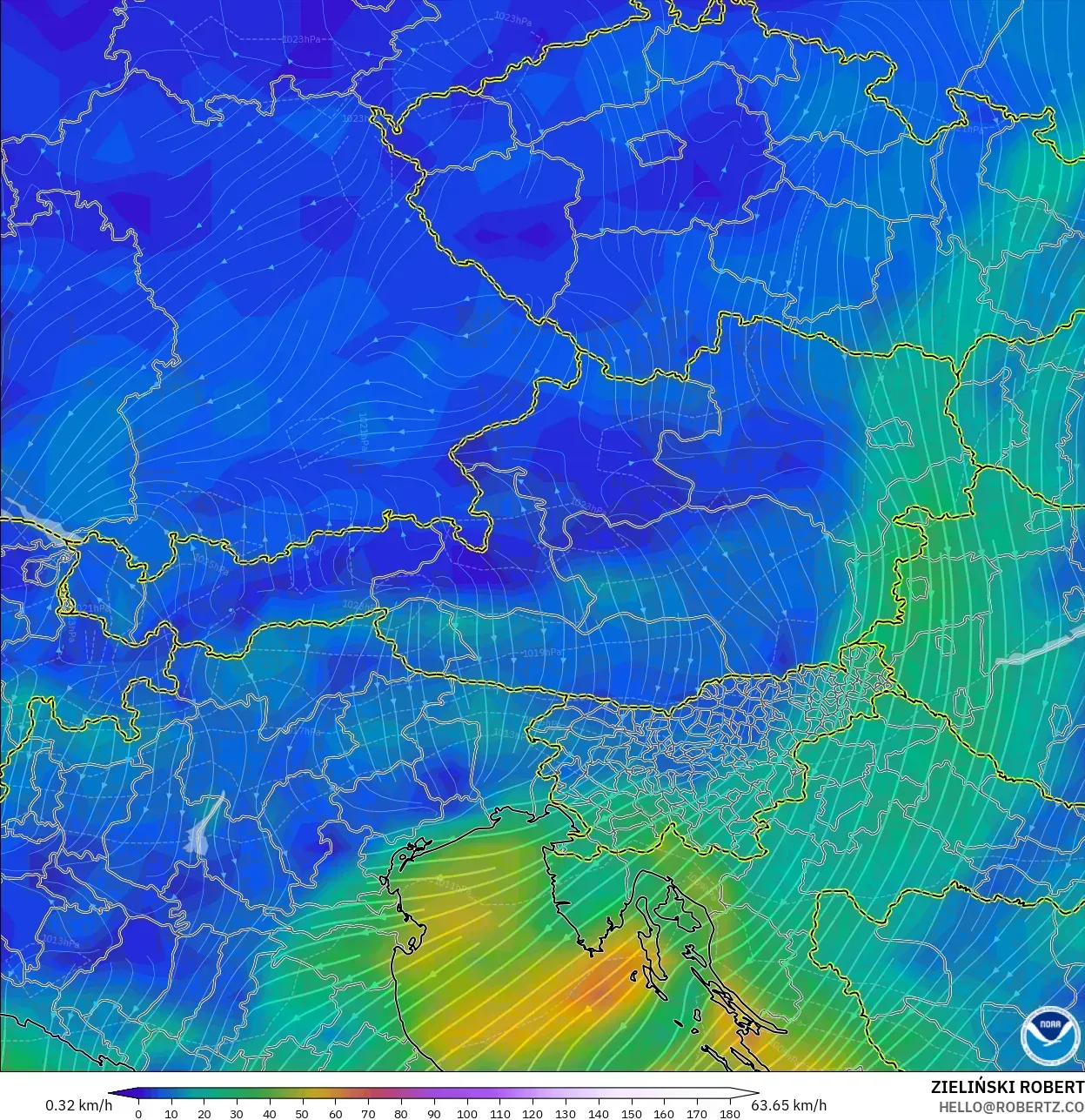 GFS modelo - Austria, Viento a 10 m
