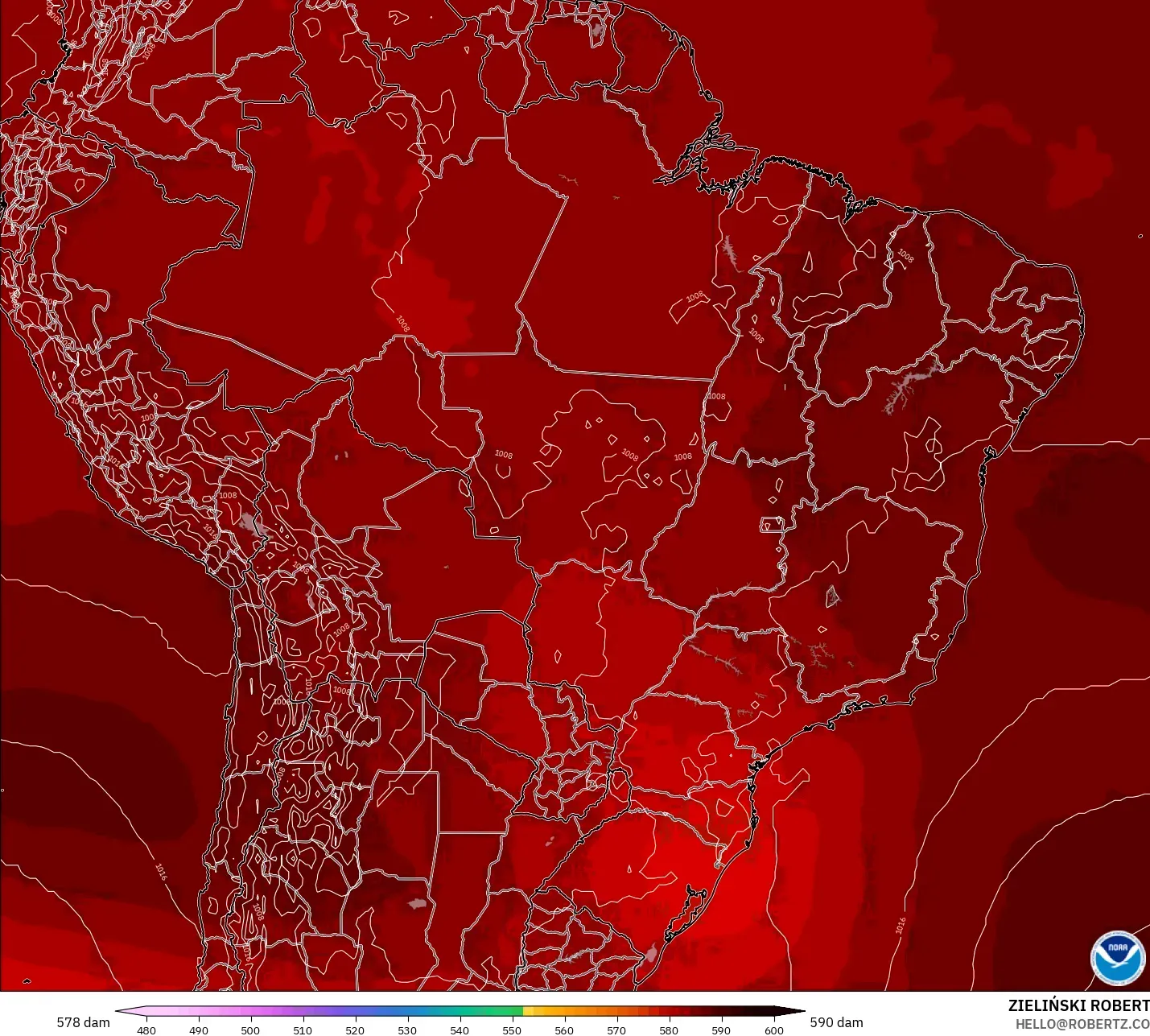 GFS modelo - Brasil, Altura geopotencial a 500 hPa
