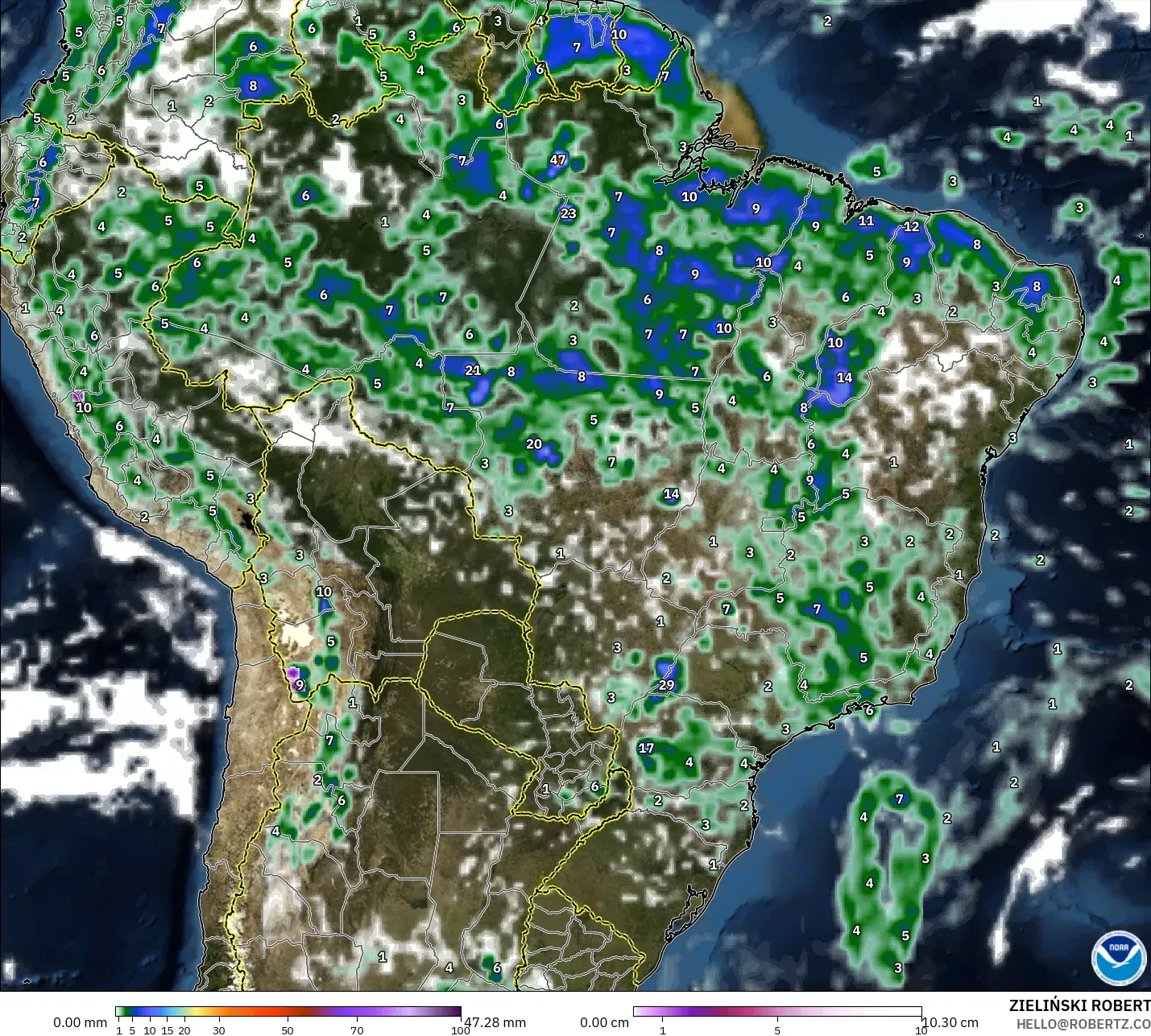 GFS modelo - Brasil, Precipitación, nubes y presión