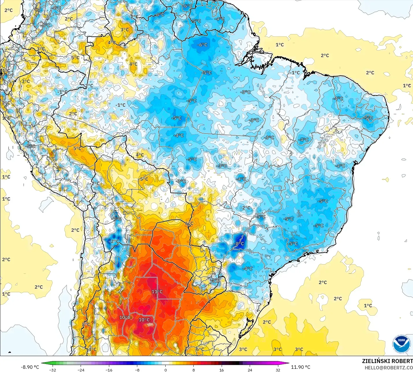 GFS modelo - Brasil, Anomalía de temperatura a 2 m