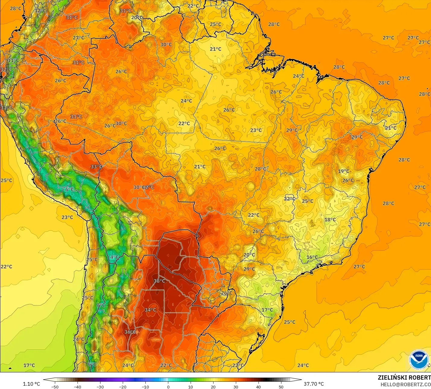 GFS modelo - Brasil, Temperatura a 2 m