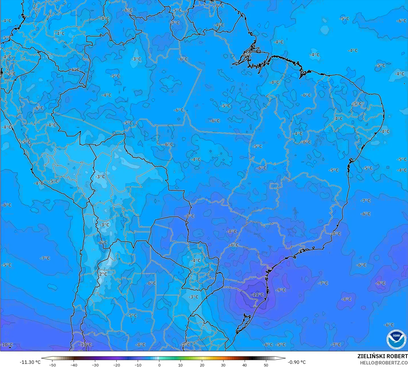 GFS modelo - Brasil, Temperatura a 500 hPa