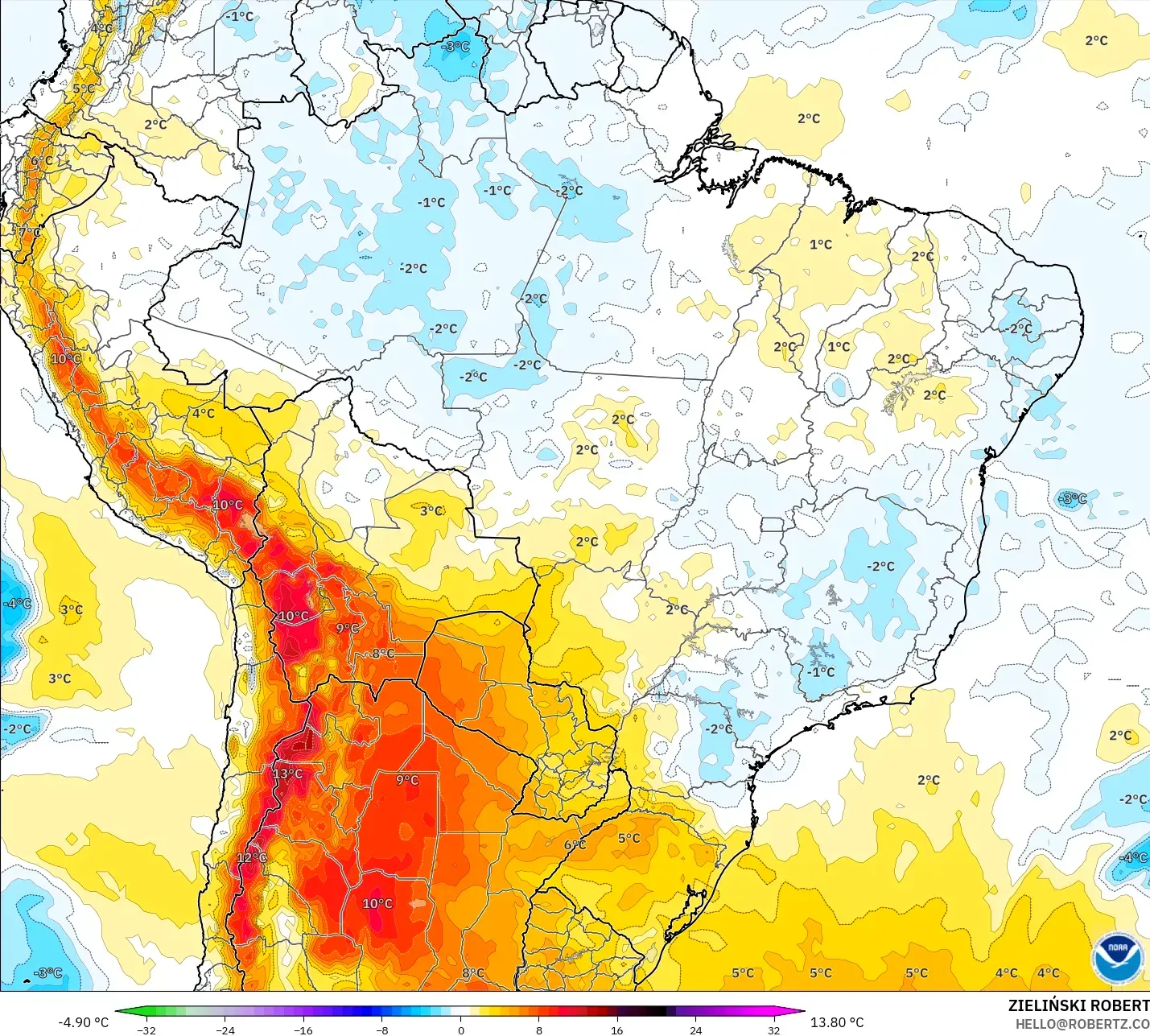 GFS modelo - Brasil, Anomalía de temperatura a 850 hPa