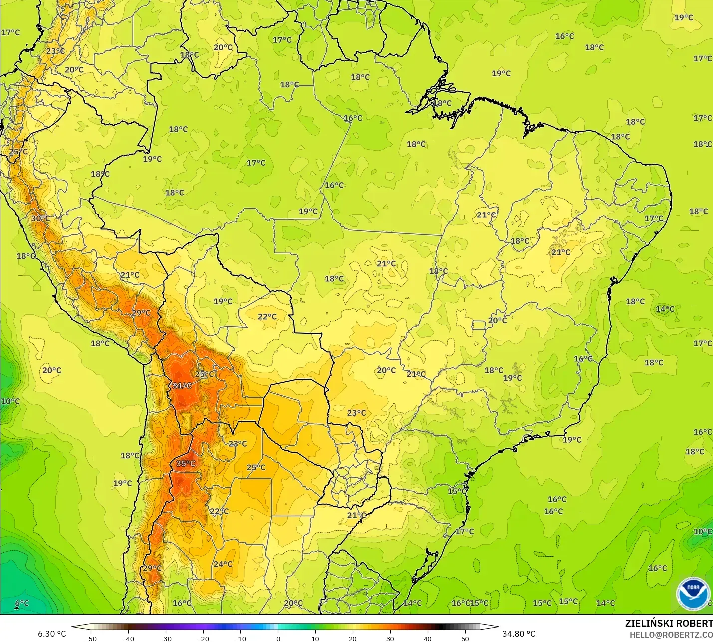 GFS modelo - Brasil, Temperatura a 850 hPa