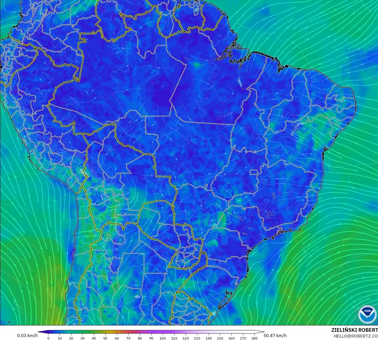 GFS modelo - Brasil, Viento a 10 m