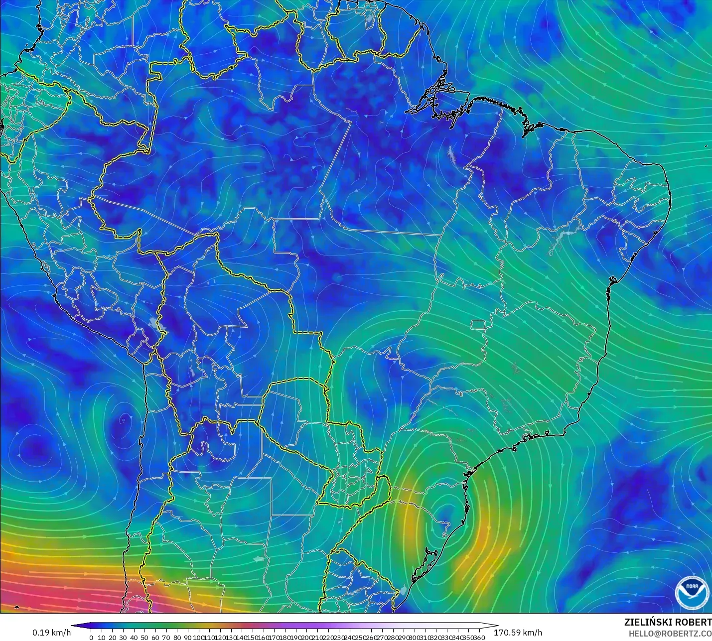 GFS modelo - Brasil, Viento a 300 hPa (corriente en chorro)