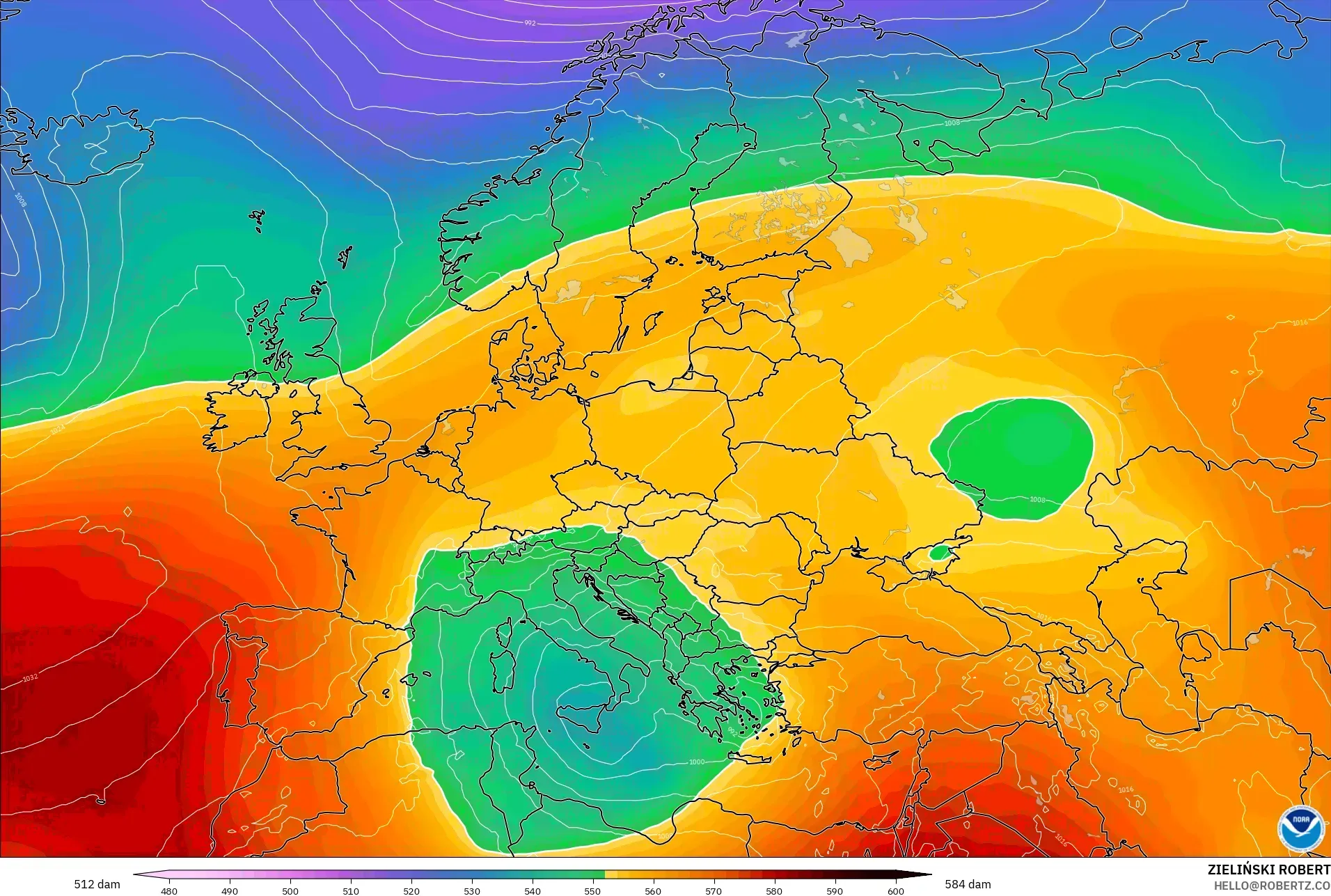 GFS modelo - Europa, Altura geopotencial a 500 hPa