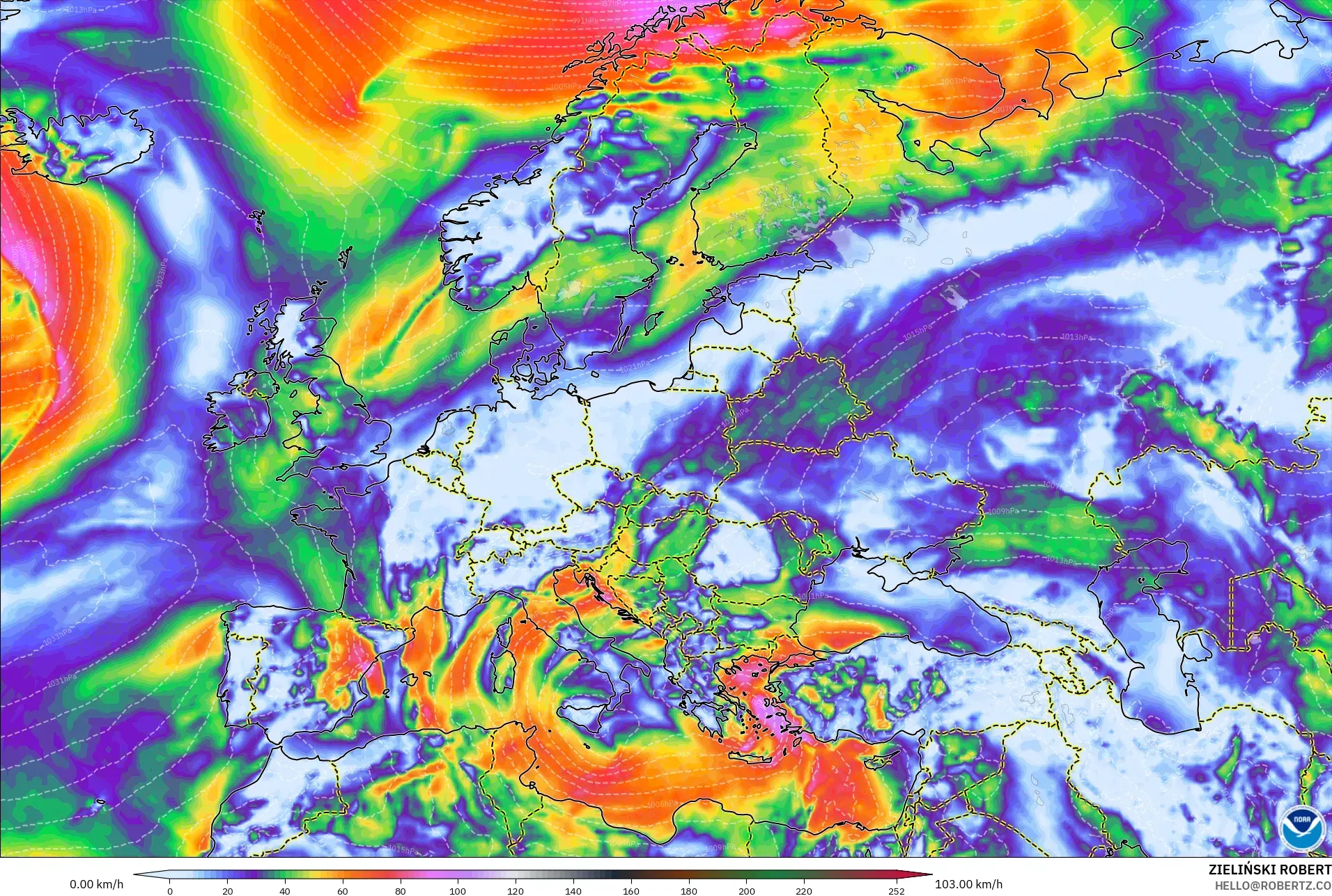GFS modelo - Europa, Ráfagas de Viento Máximas