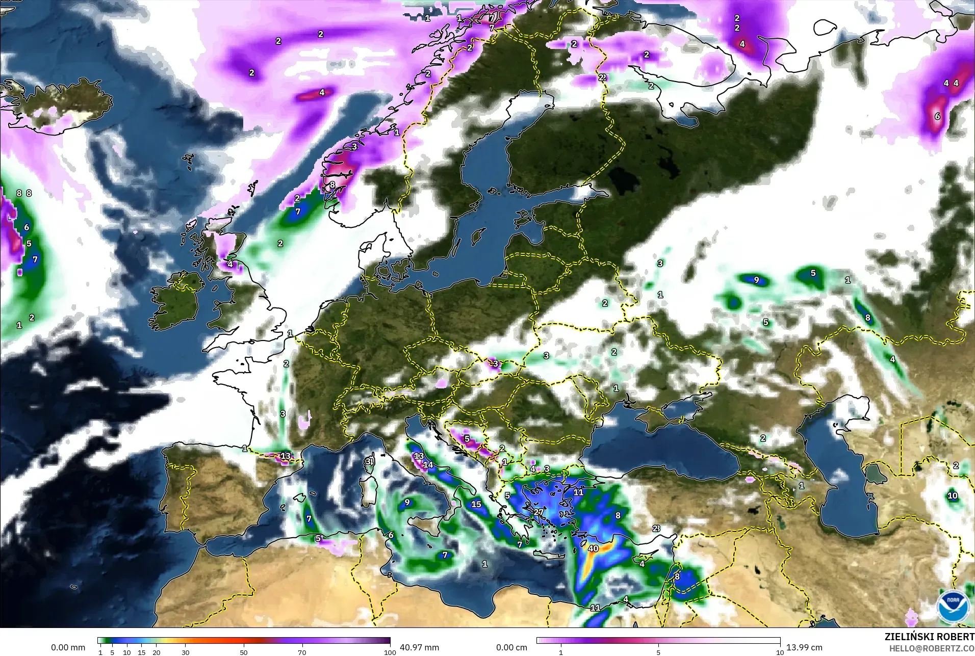 GFS modelo - Europa, Precipitación, nubes y presión