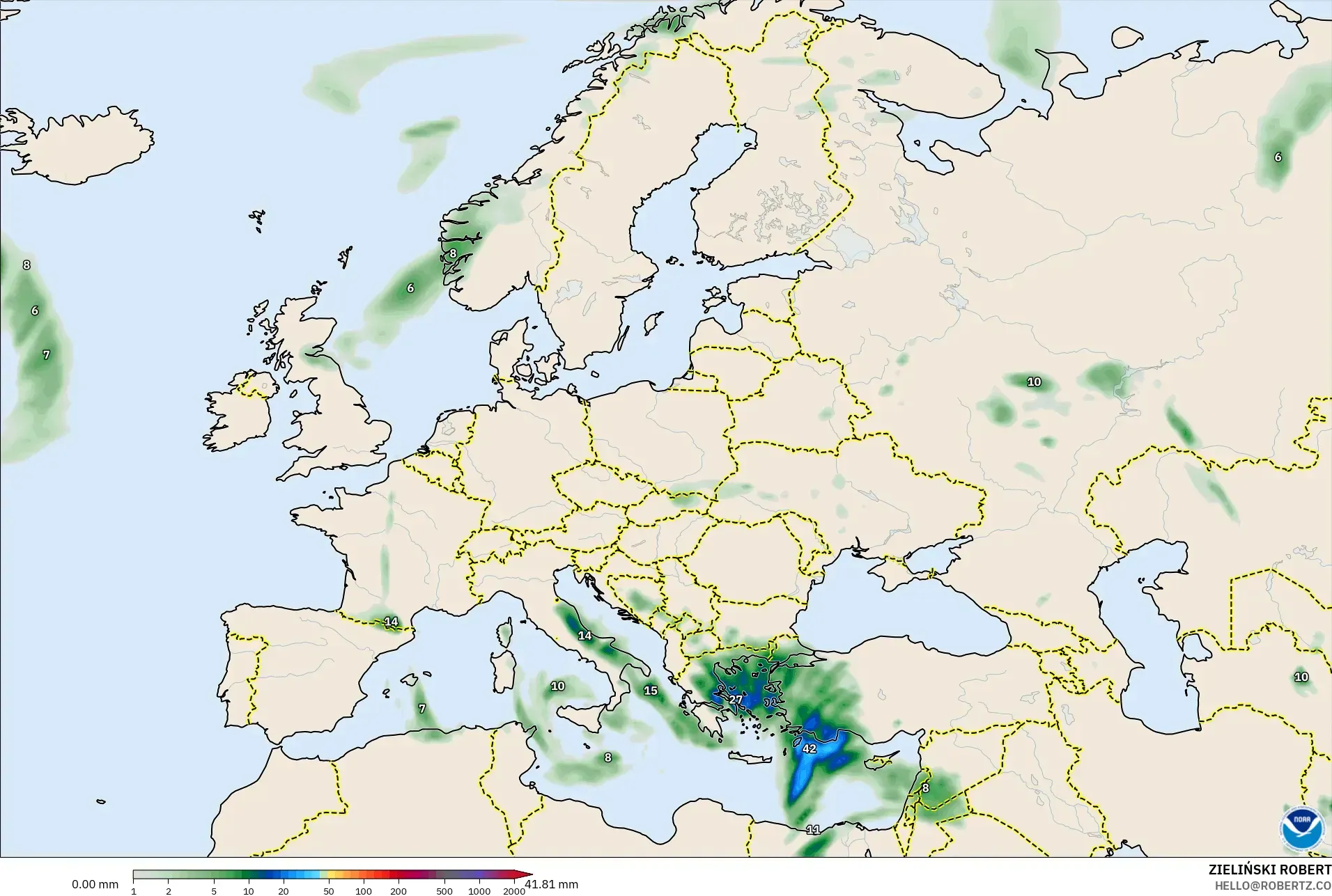 GFS modelo - Europa, Acumulación de precipitación