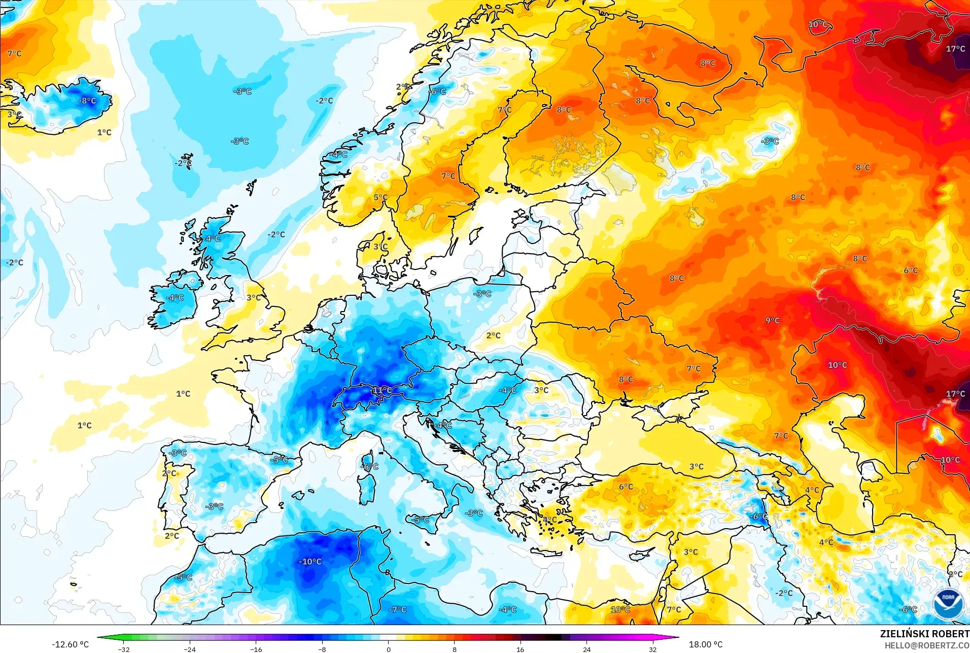 GFS modelo - Europa, Anomalía de temperatura a 2 m