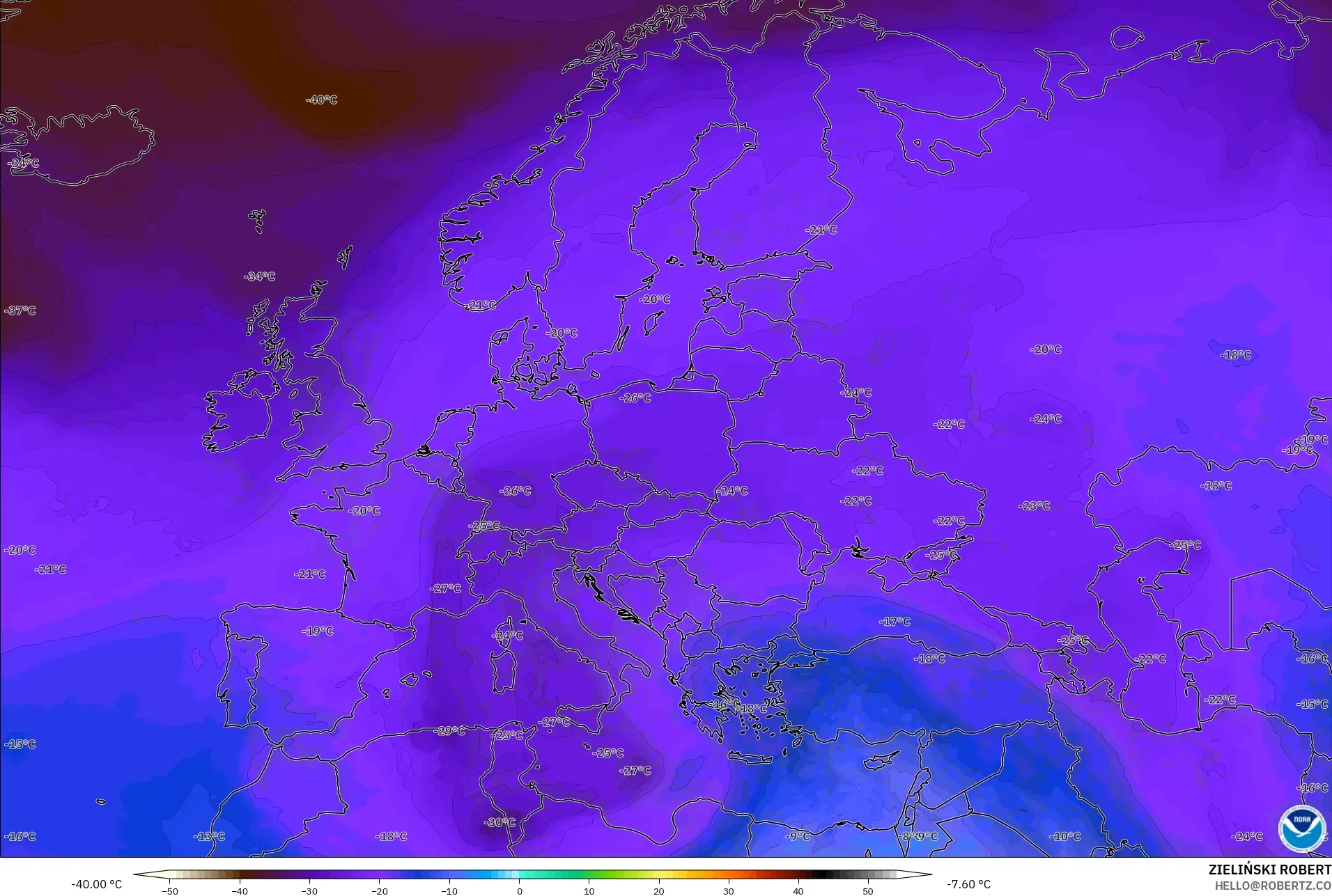 GFS modelo - Europa, Temperatura a 500 hPa