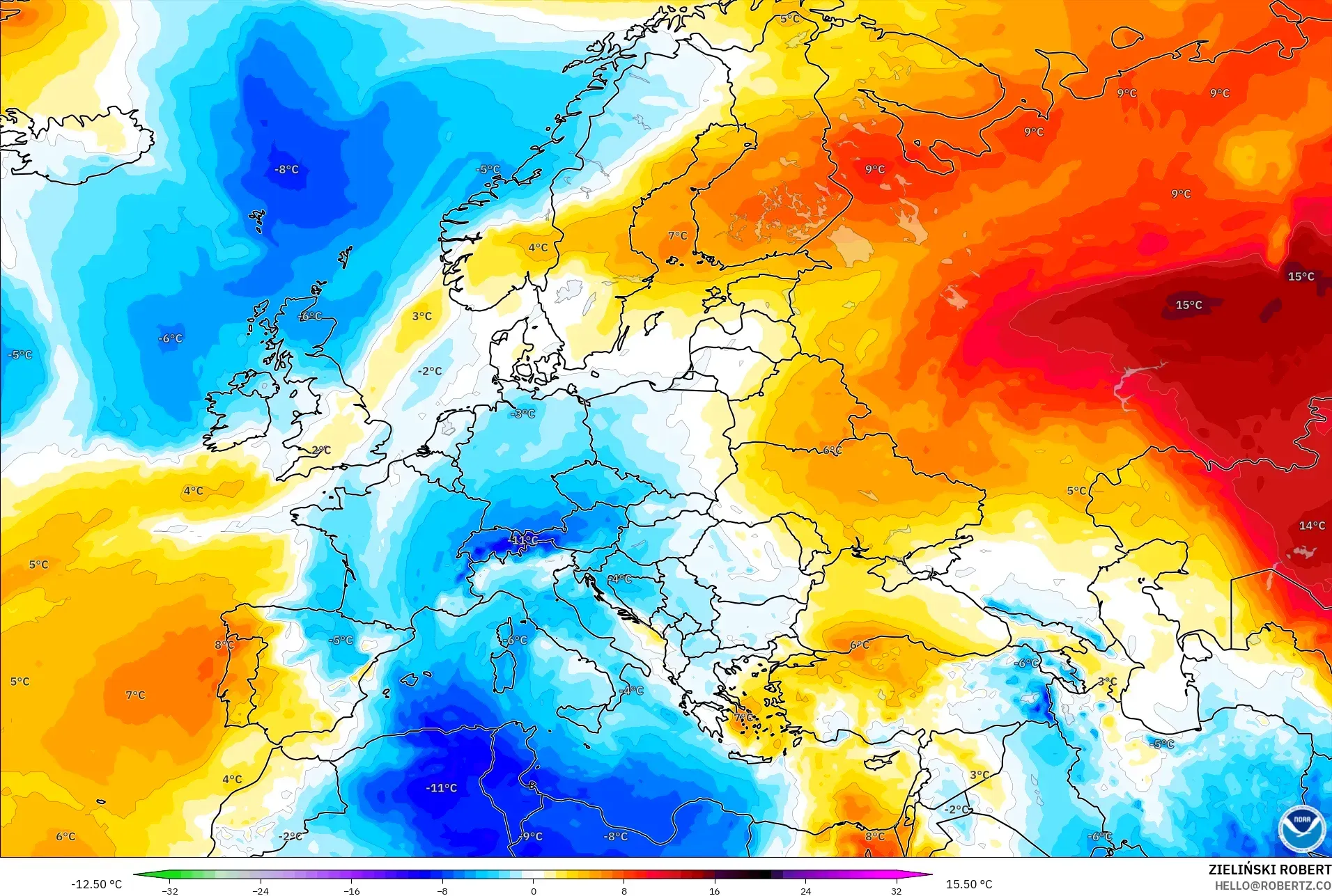 GFS modelo - Europa, Anomalía de temperatura a 850 hPa