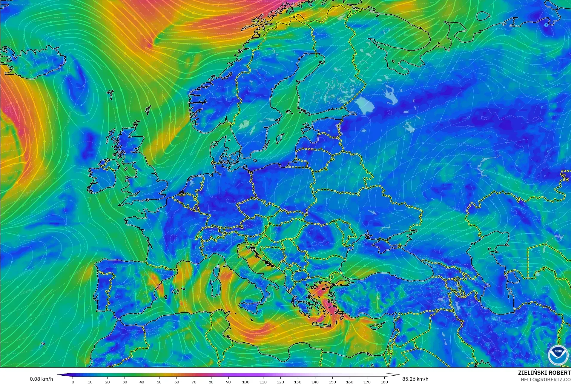 GFS modelo - Europa, Viento a 10 m