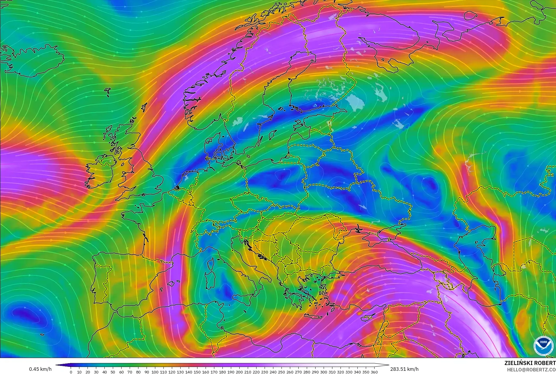 GFS modelo - Europa, Viento a 300 hPa (corriente en chorro)