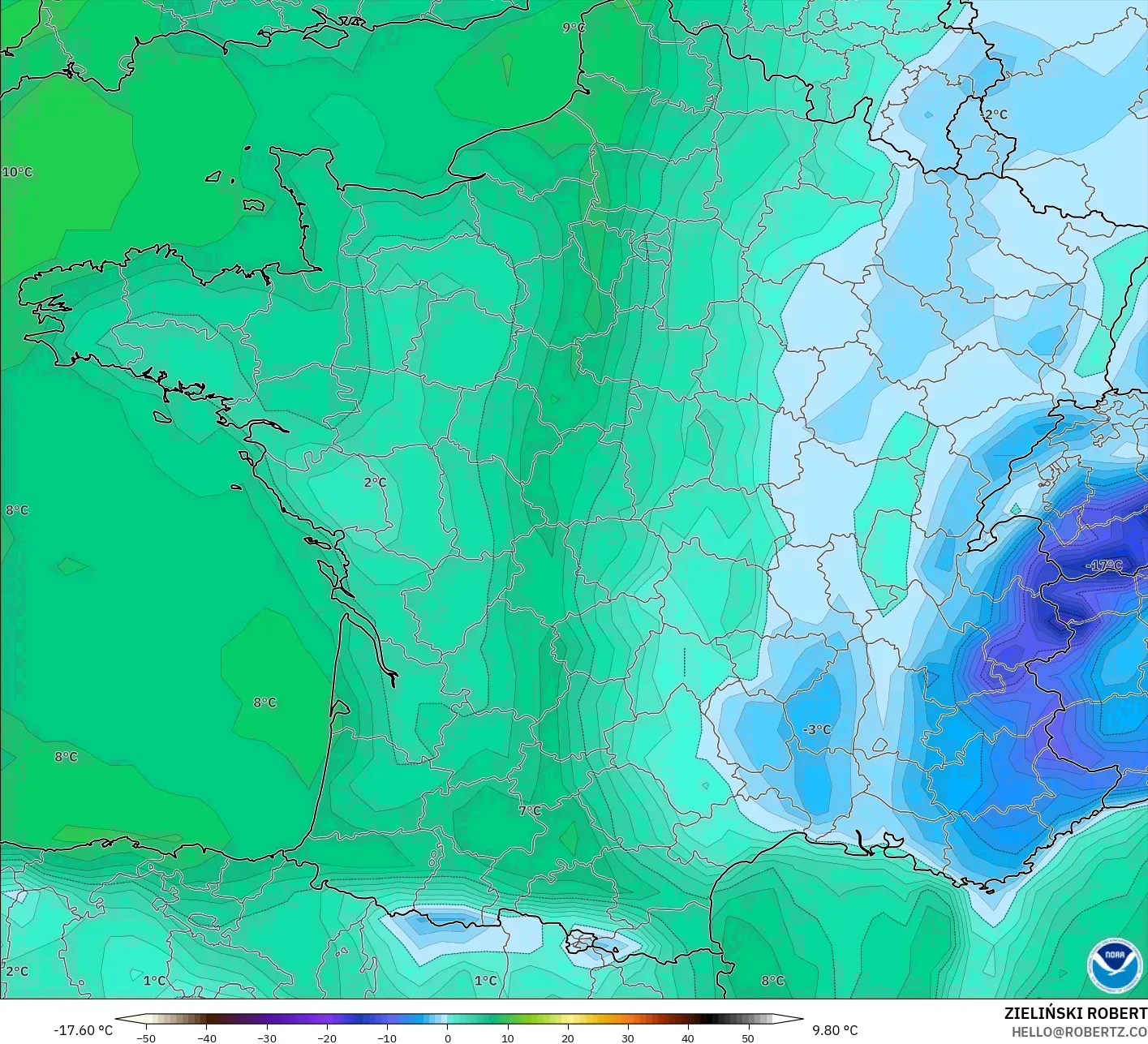 GFS modelo - Francia, Punto de rocío a 2 m