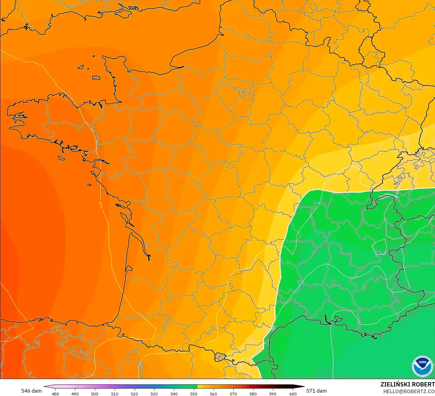 GFS modelo - Francia, Altura geopotencial a 500 hPa