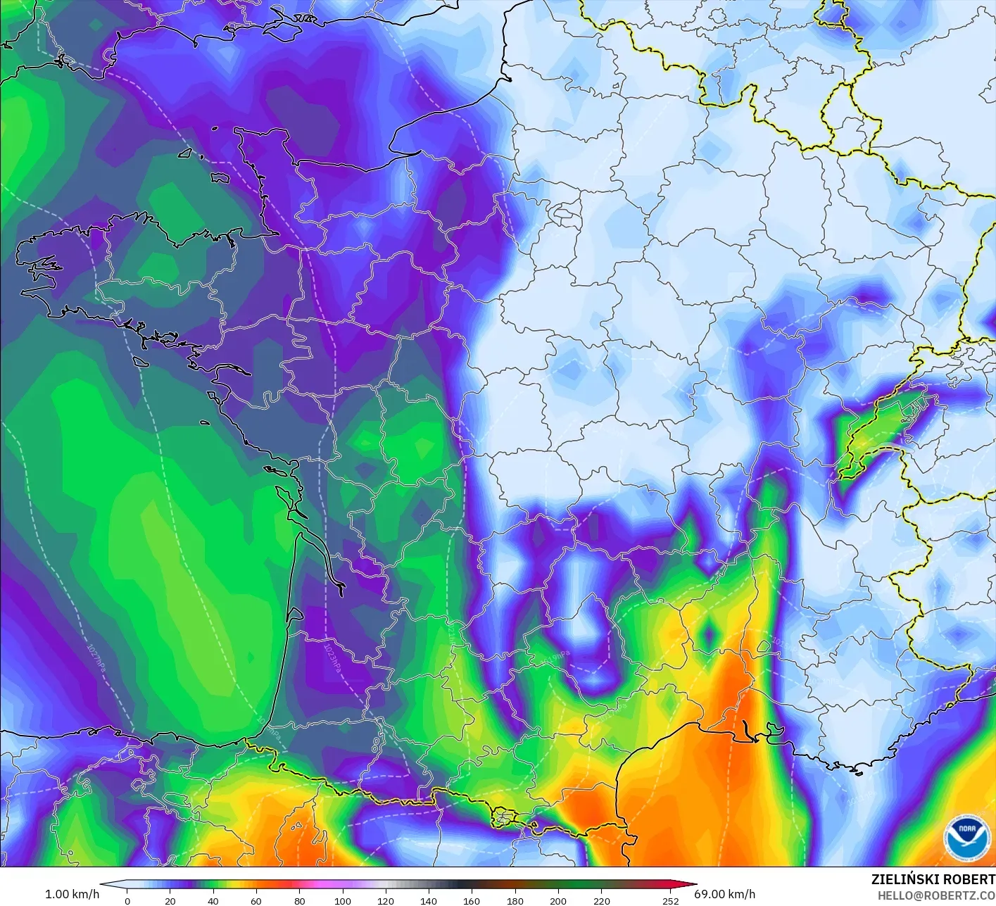 GFS modelo - Francia, Ráfagas de viento
