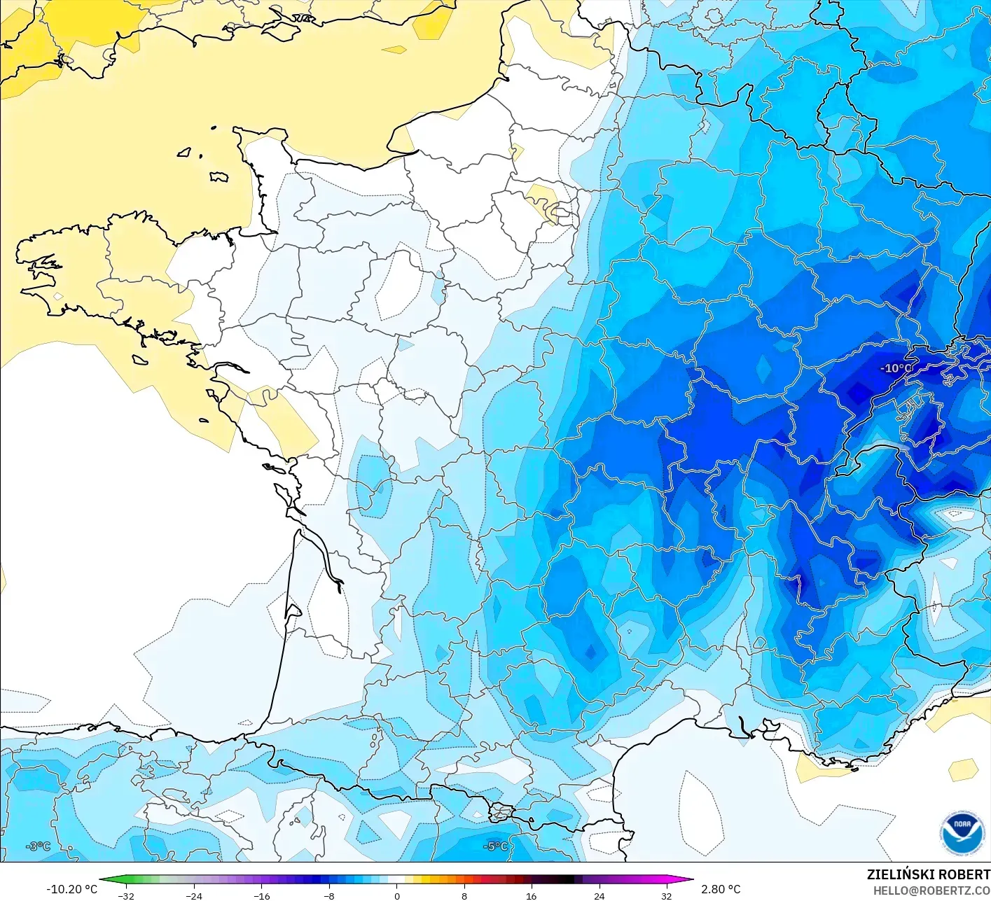 GFS modelo - Francia, Anomalía de temperatura a 2 m