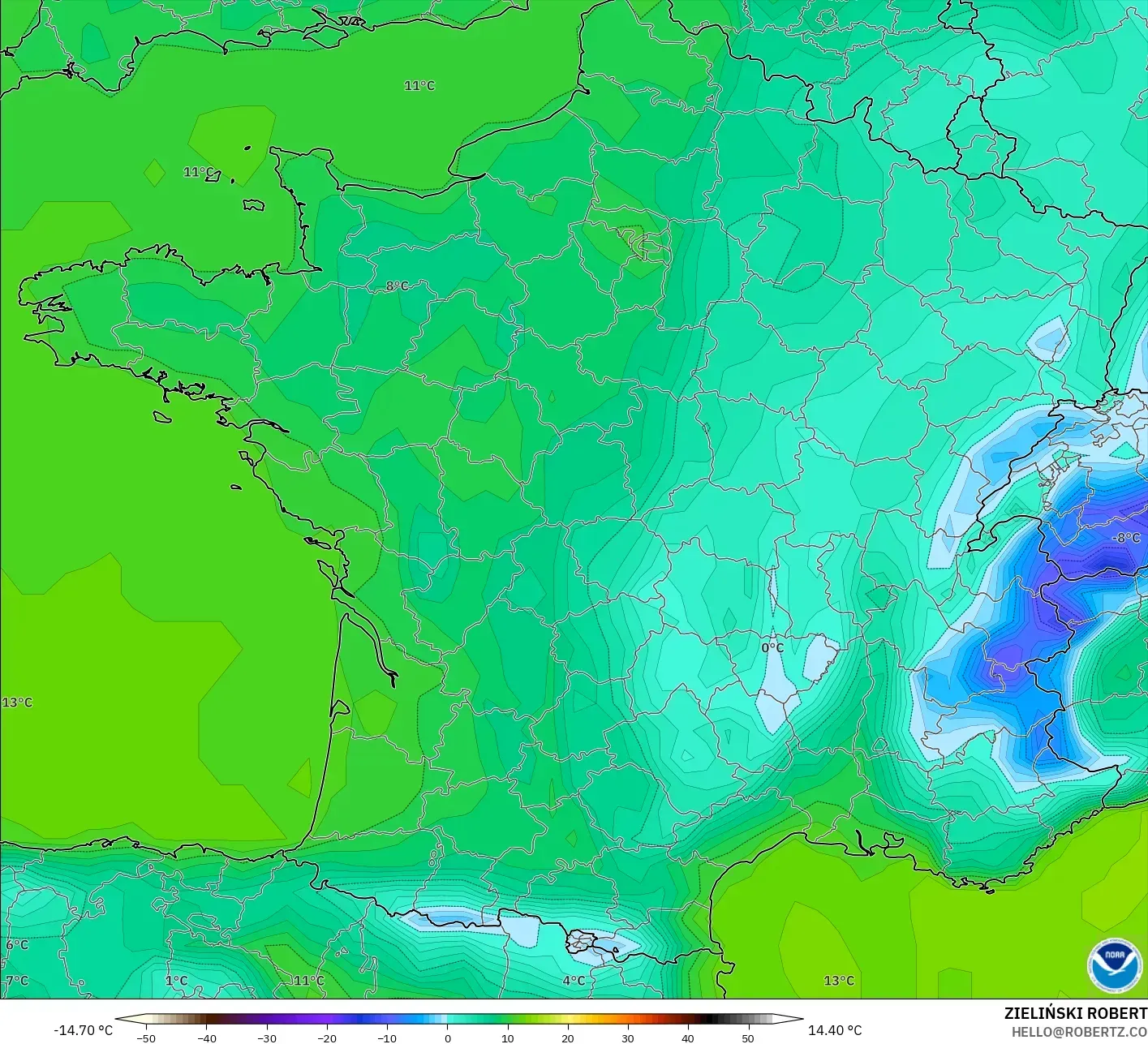 GFS modelo - Francia, Temperatura a 2 m
