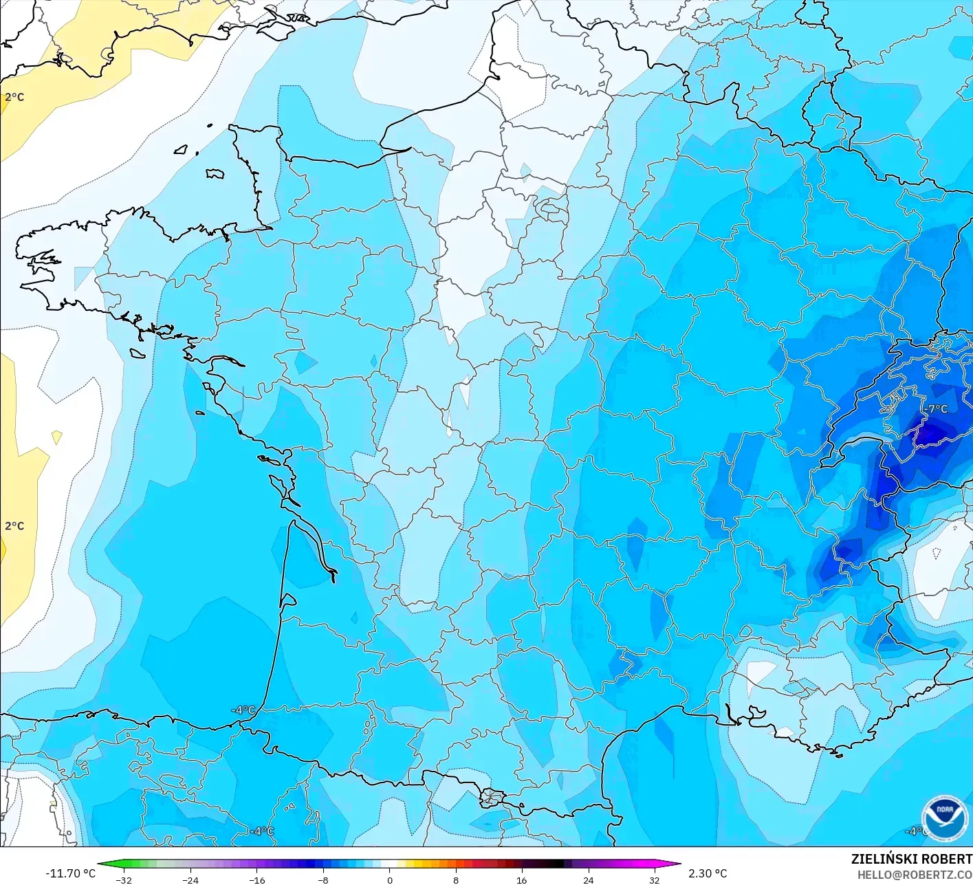 GFS modelo - Francia, Anomalía de temperatura a 850 hPa