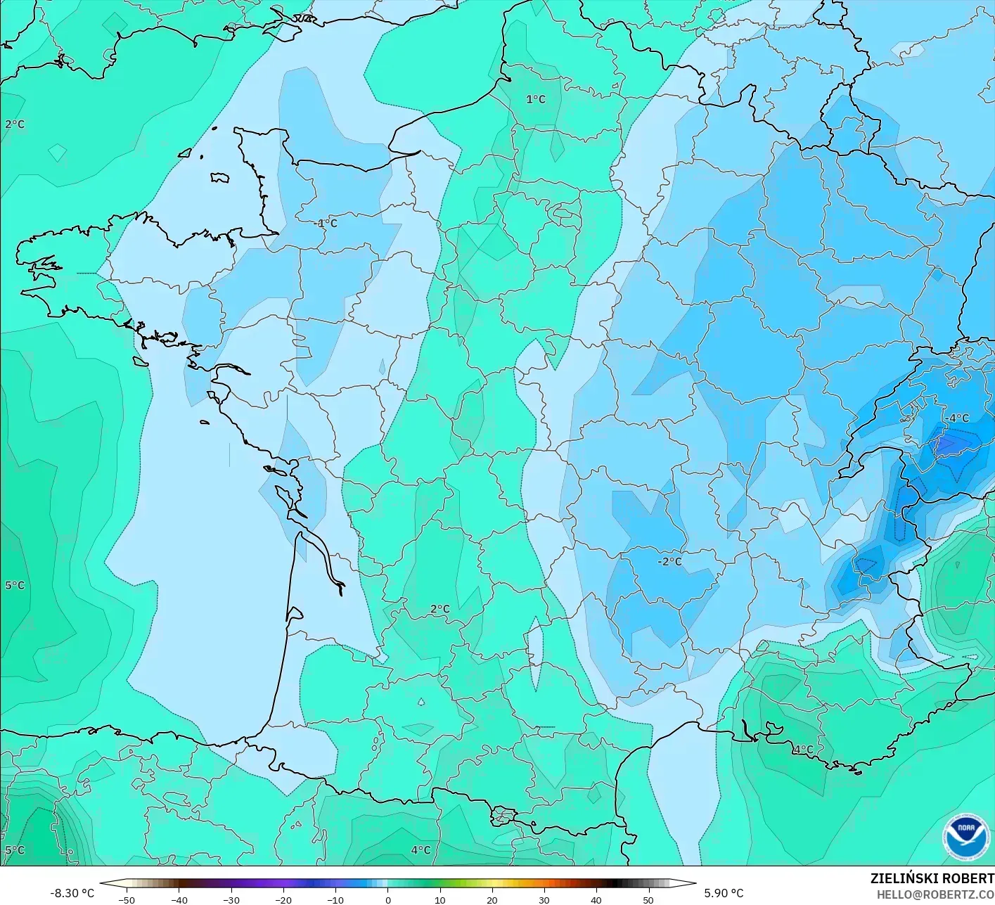 GFS modelo - Francia, Temperatura a 850 hPa