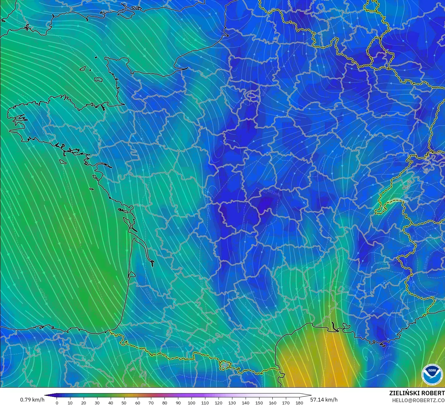 GFS modelo - Francia, Viento a 10 m