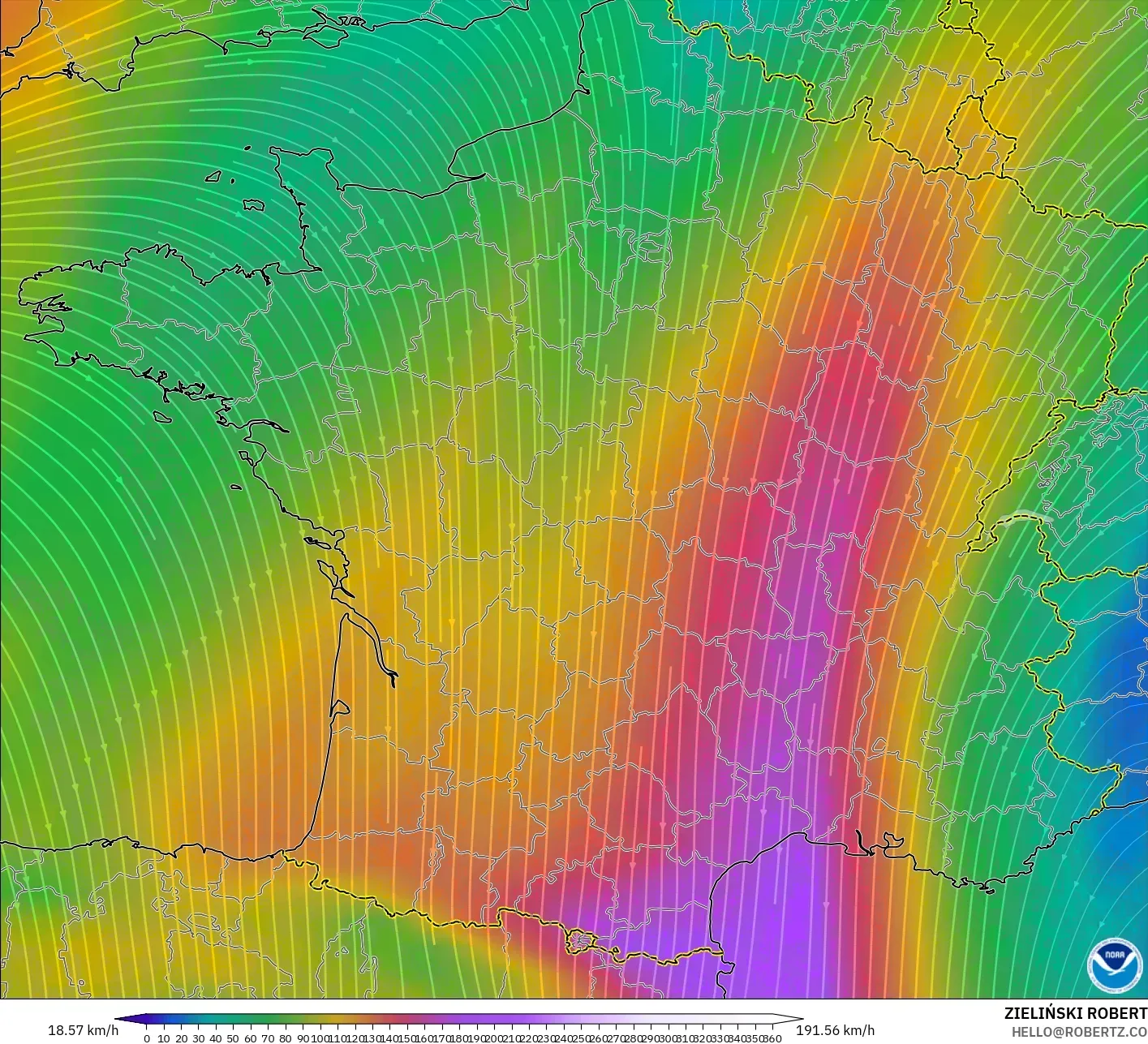 GFS modelo - Francia, Viento a 300 hPa (corriente en chorro)