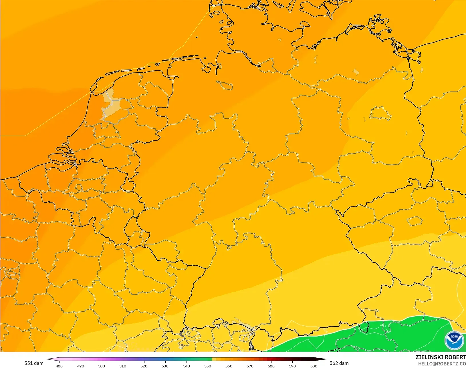 GFS modelo - Alemania, Altura geopotencial a 500 hPa