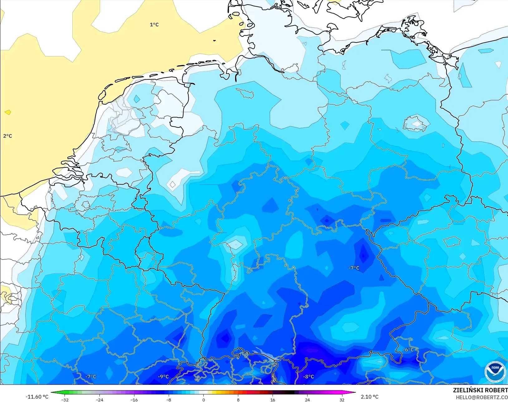 GFS modelo - Alemania, Anomalía de temperatura a 2 m