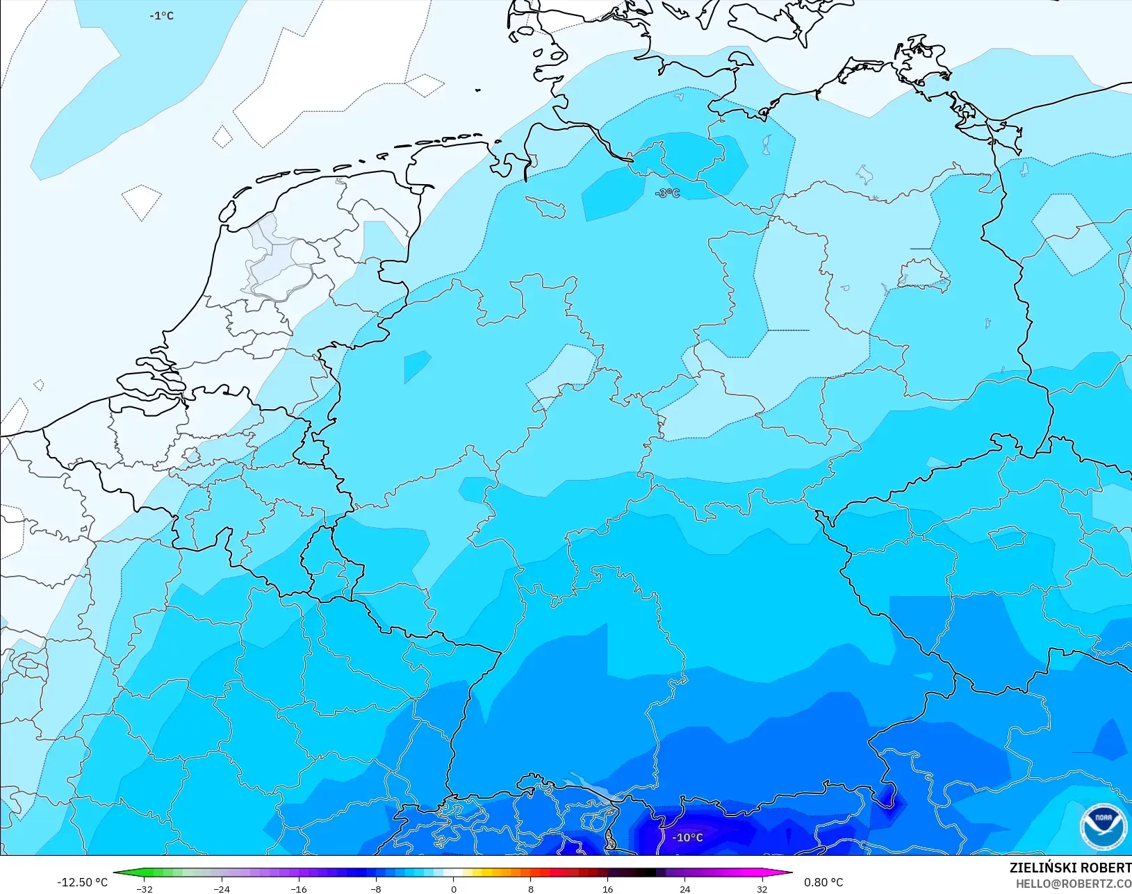 GFS modelo - Alemania, Anomalía de temperatura a 850 hPa
