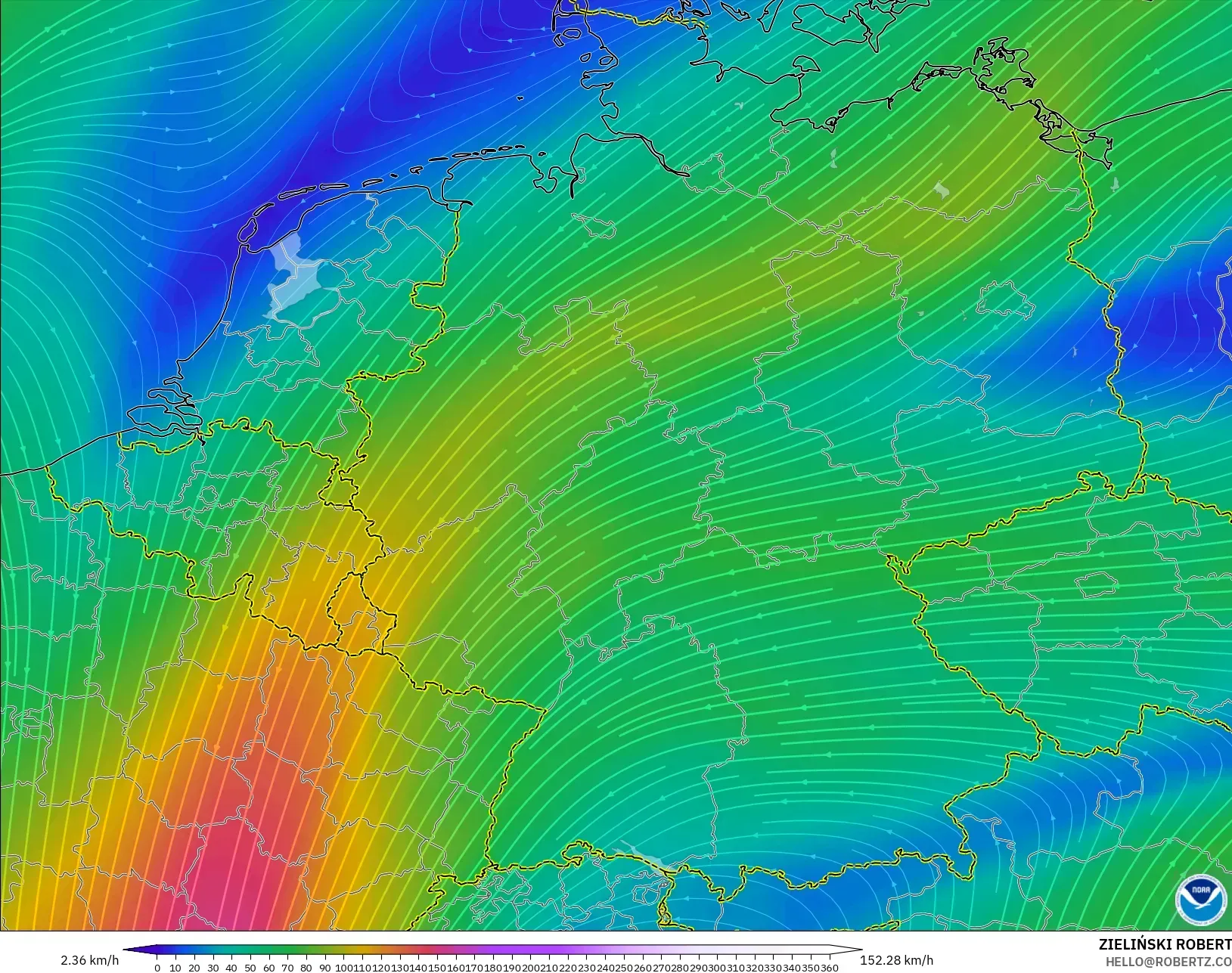 GFS modelo - Alemania, Viento a 300 hPa (corriente en chorro)